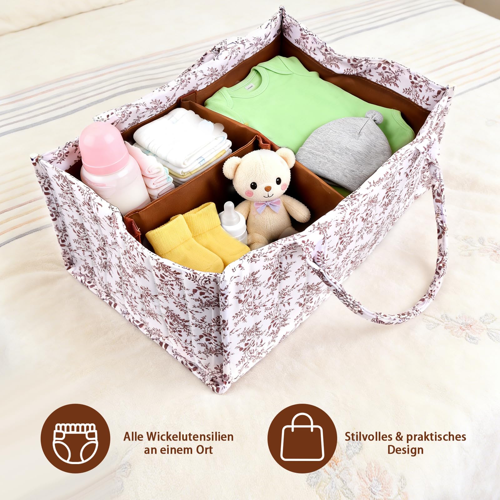 Organiseur de Couches pour Bébé – Panier de Rangement Élégant pour les Essentiels de Nouveau-né, Cadeau de Fête Prénatale pour Fille ou Garçon, Marguerite Pastorale