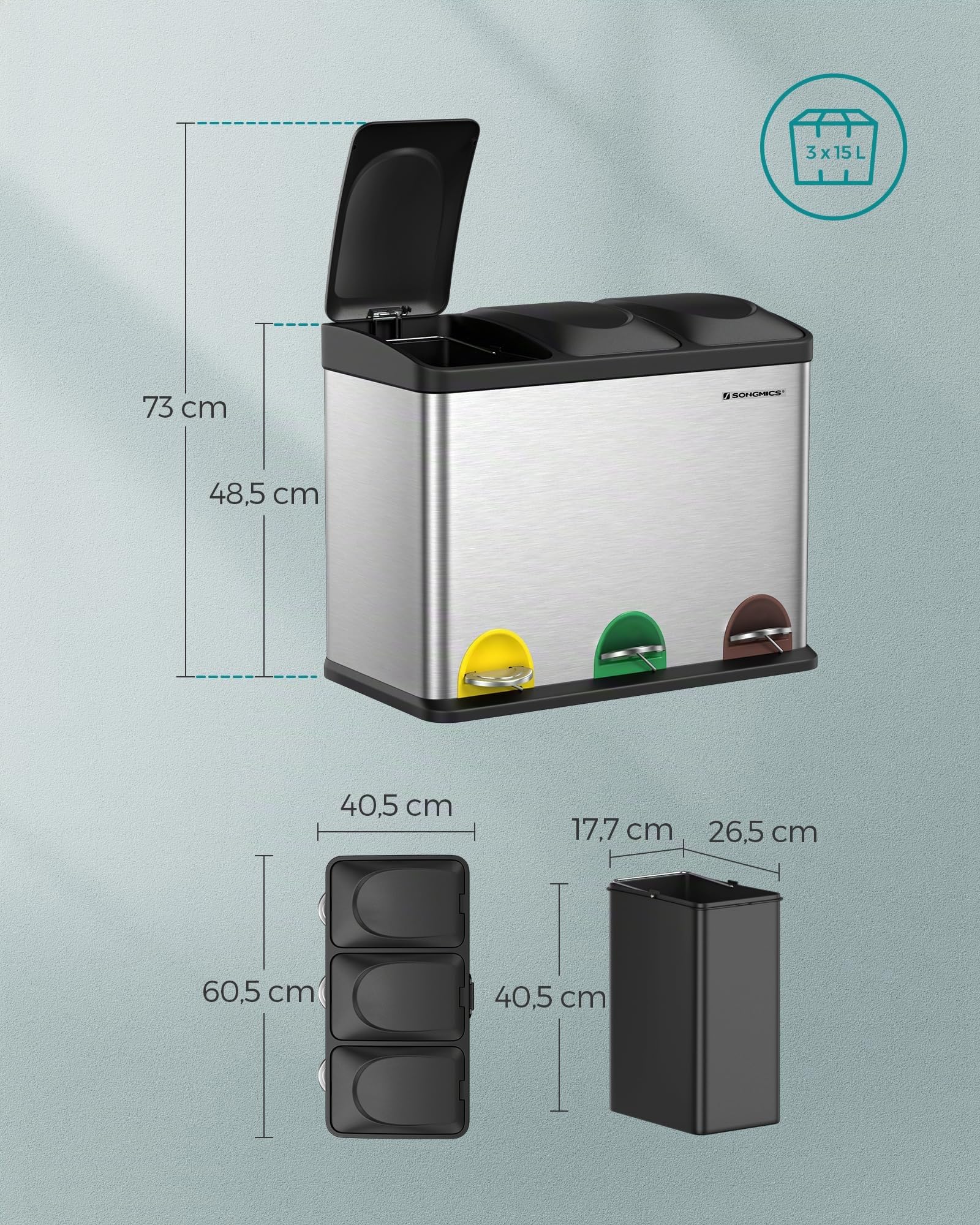 SONGMICS Mülleimer Küche 45 Liter Treteimer 3 Fächer Mülltrennsystem Metall Stahl LTB45L
