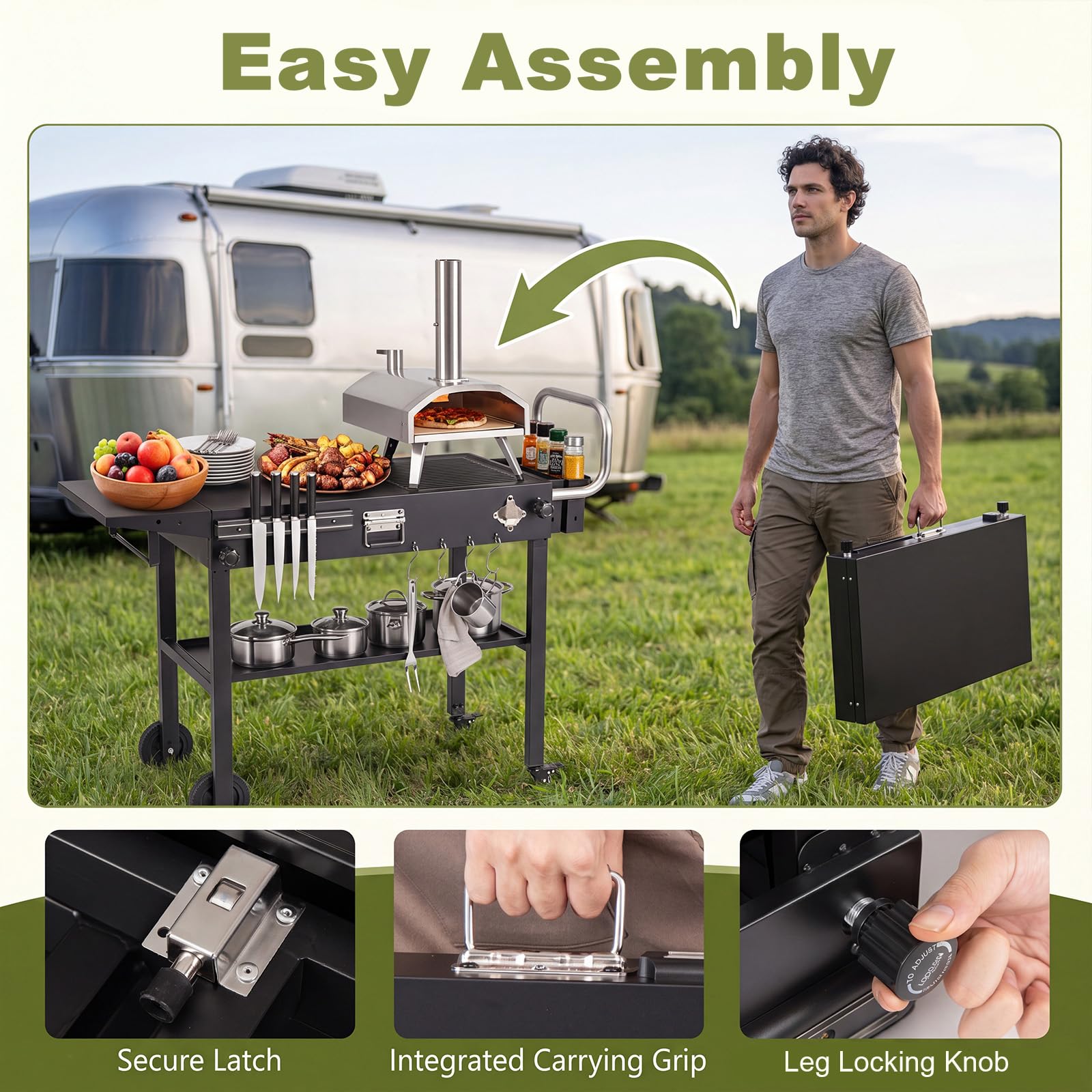 KOMFOTTEU Carrello Barbecue Portatile con 4 Ruote e Portautensili Magnetico | Carrello Cucina da Giardino con Ripiano Portaoggetti, Portaspezie, Apribottiglie e Ganci, 118x43x88 cm