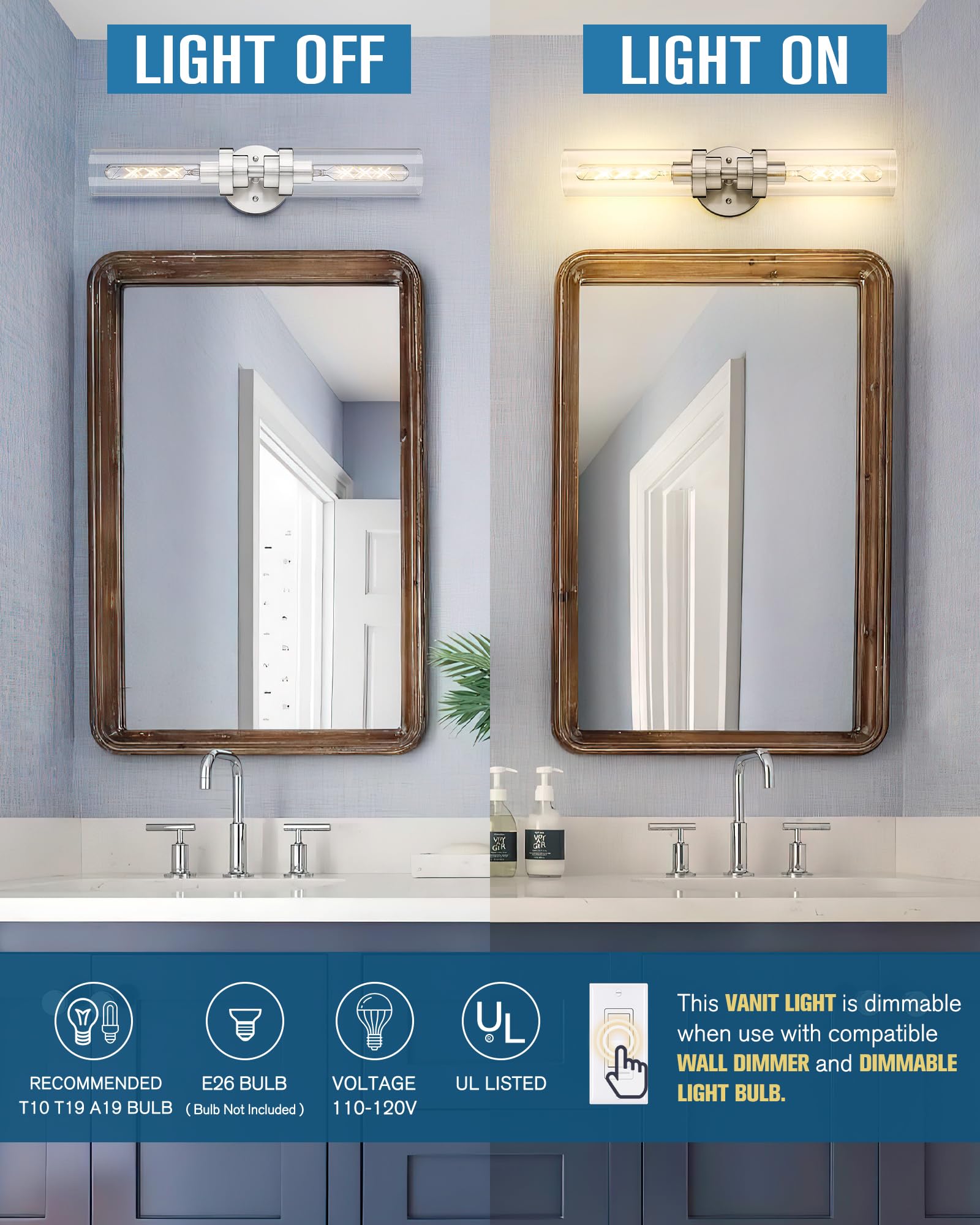 Emak Brushed Nickel Vanity Lights for Bathroom, Modern 22 Inch Bathroom Light Fixtures, 2-Light Cylinder Wall Sconces with Clear Glass Shade for Bathroom, Bedroom, Hallway, VL085-BN-2