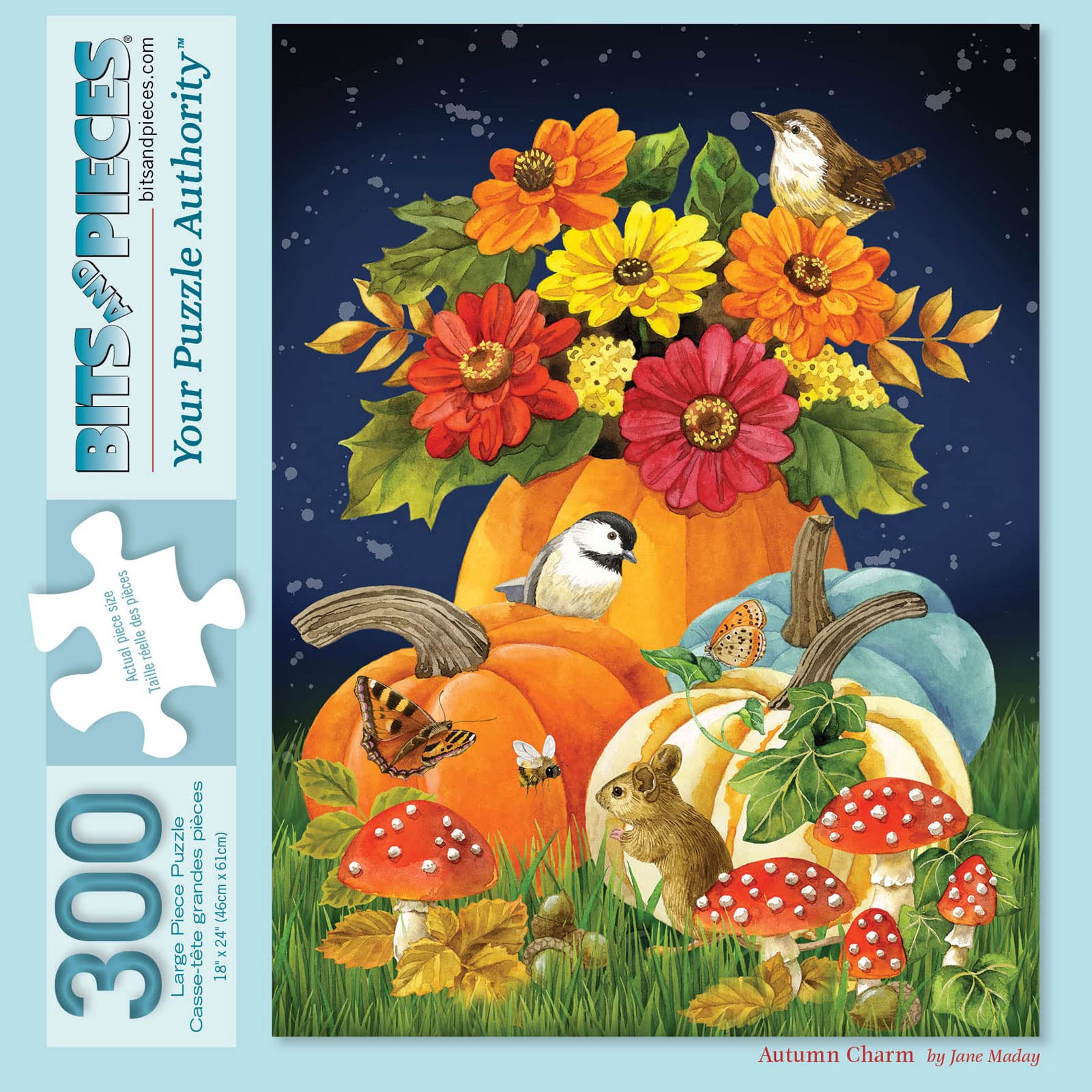 Bits and Pieces – 300 Piece Jigsaw Puzzle for Adults – Autumn Charm - Fall Pumpkins Woodland Creatures Jigsaw Puzzle by Artist Jane Maday, Completed