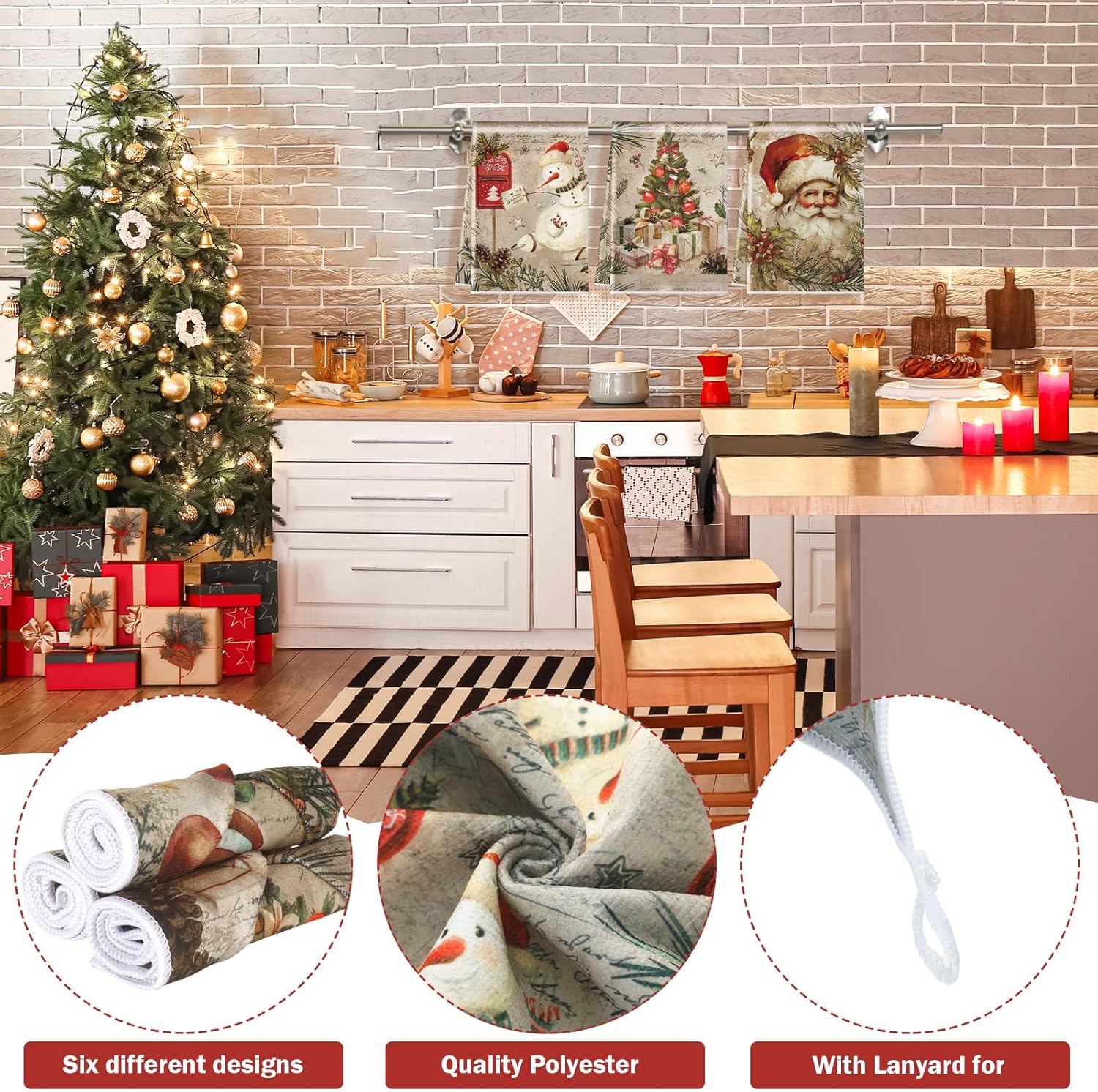 Hosuly 6 Pcs Christmas Kitchen Towels Vintage Santa Dish Cloth Christmas Farmhouse Tea Towels Santa Snowman Sock Ball Xmas Tree Hand Dishcloth Rustic Housewarming Gifts for Kitchen Holiday Cooking - Image 3