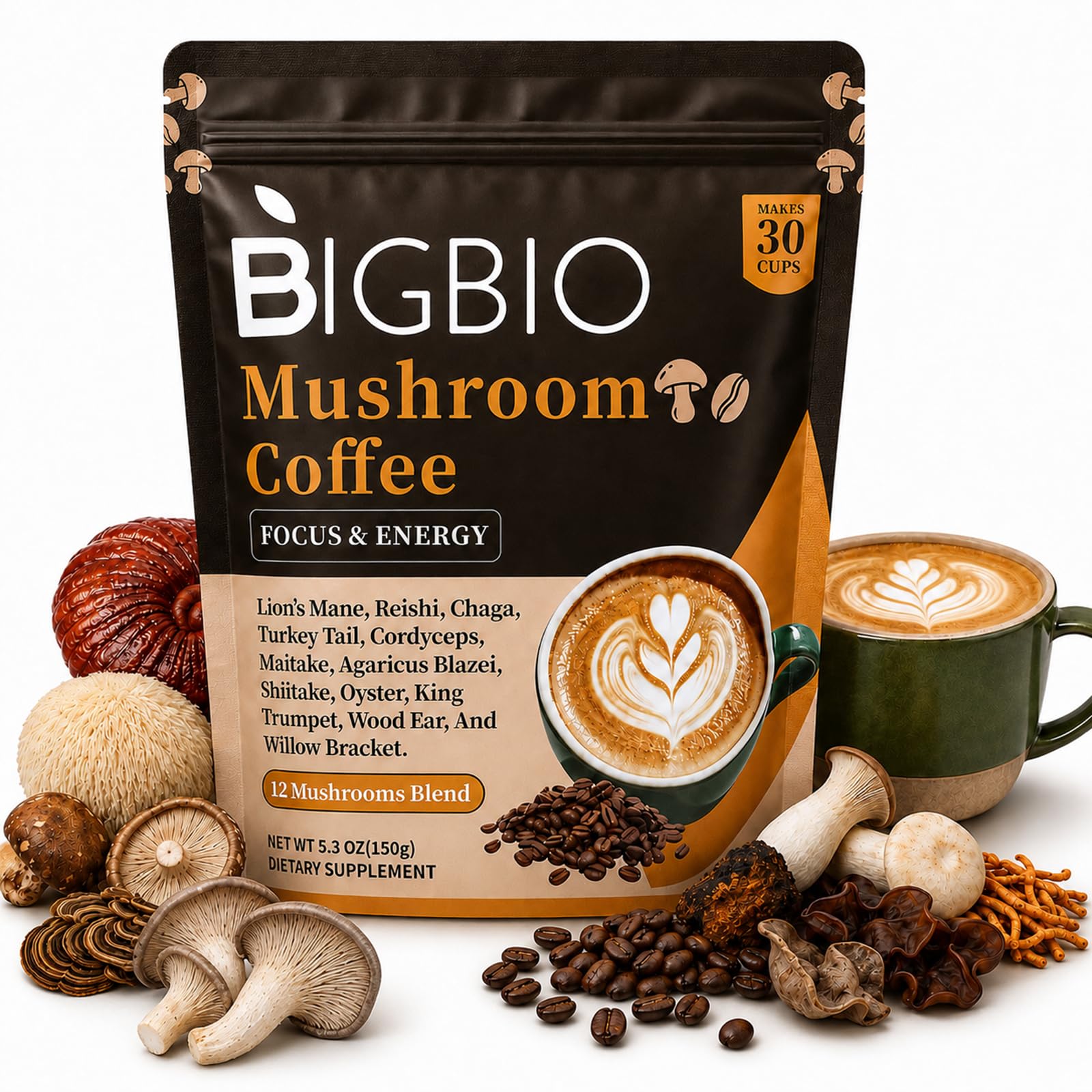 BIGBIO Café instantâneo em pó com blend de 12 cogumelos, cafeína 22,5 mg, 30 porções
