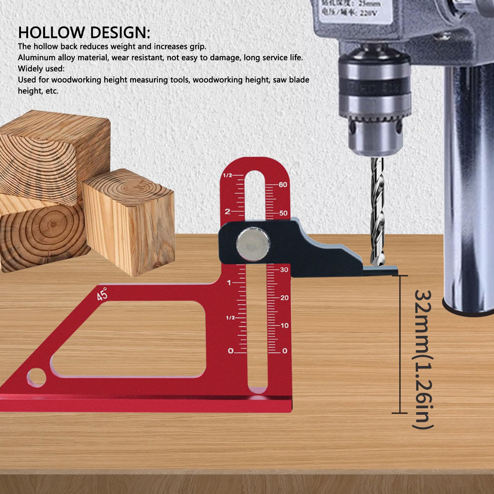 Height Depth Gauge, Aluminum Alloy 0 to 60mm 45° CNC Machined Depth Measuring Tool with Scale for Table Saw Router Drill Press Bandsaw
