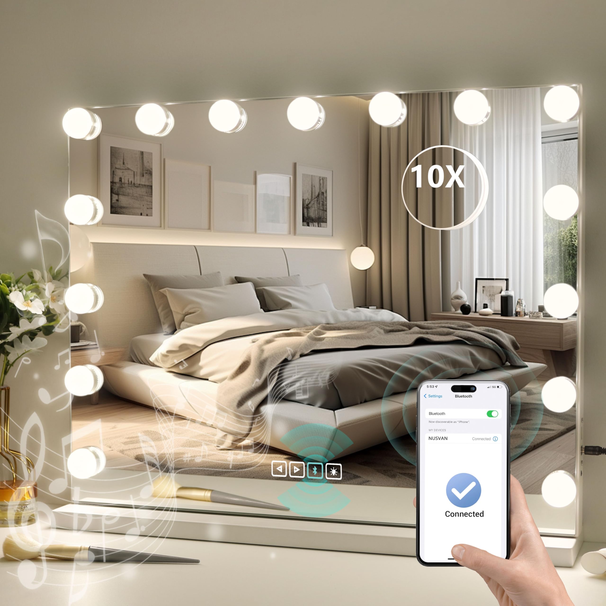 Bluetooth Hollywood Vanity Mirror with Lights, USB Charging, Touchscreen Control for Bedroom, Large 15 Dimmable LED Bulbs Makeup Mirror