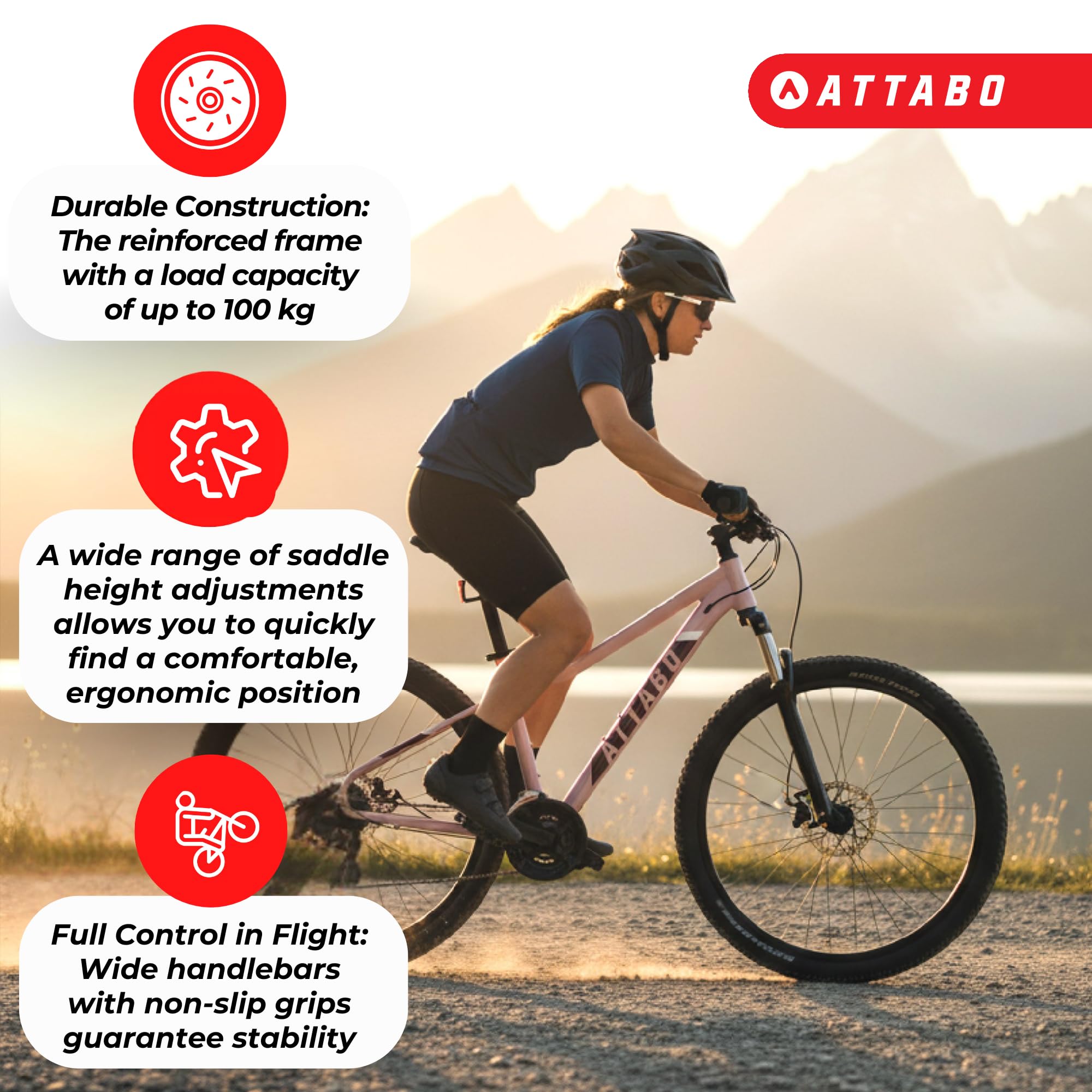 ATTABO Alpe 2.0 – damski rower górski z aluminiową ramą, widelec SR Suntour XCE, napęd Shimano 3 x 8 (24 biegi), hamulce tarczowe TEKTRO, z akcesoriami (klucze, dzwonek, reflektory)