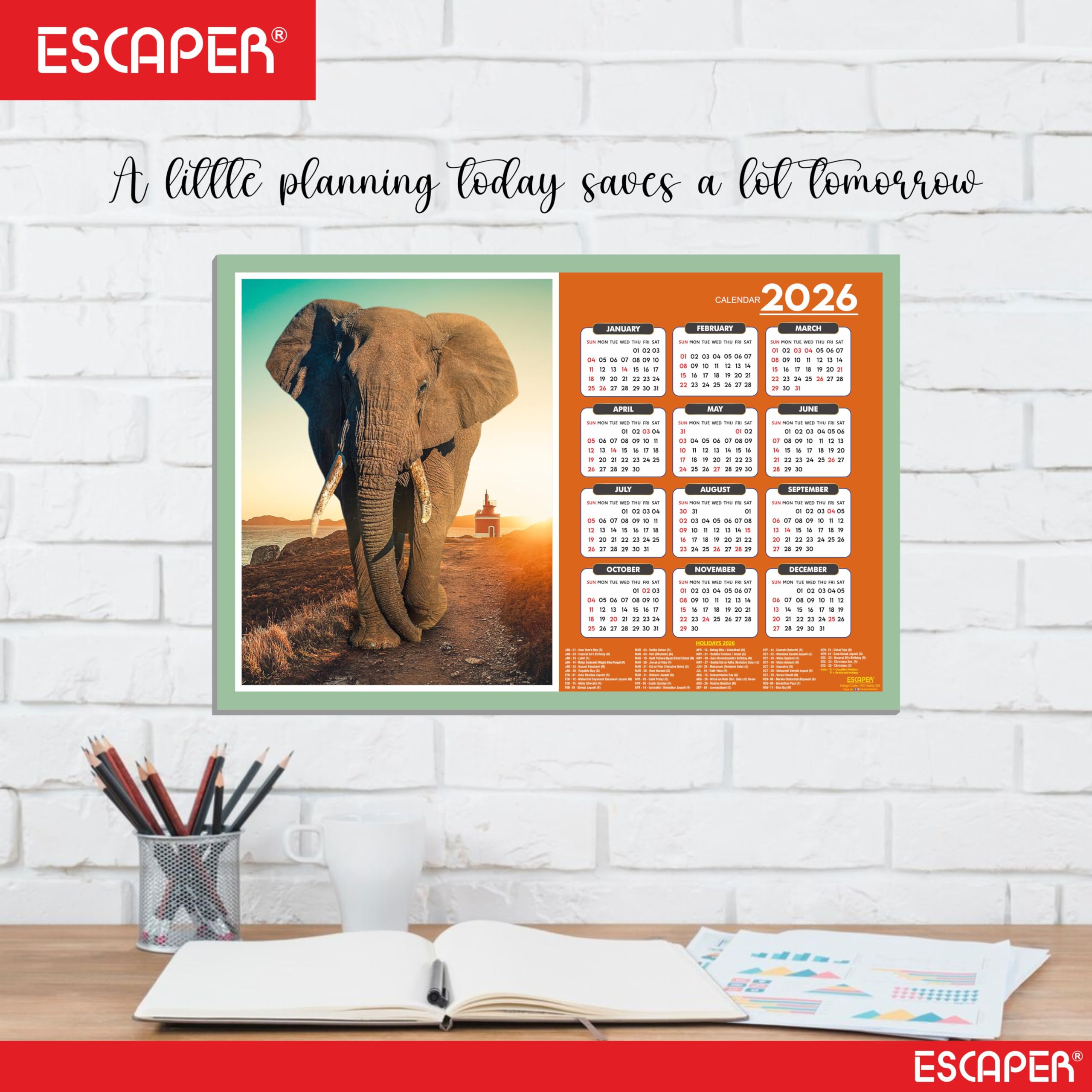 ESCAPER Calendario de pared de animales 2026 - 45 x 30 cm, fotos de león, tigre, elefante, caballo y pantera, calendario de decoración de pared para el hogar, oficina y habitación de los niños