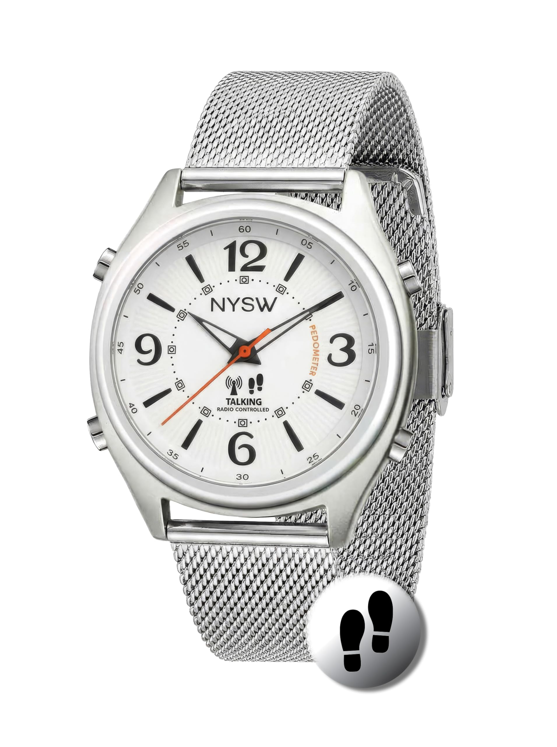 Orologio parlante atomico da uomo con contapassi, contacalorie e miglia | imposta, sempre preciso, ora legata all'ora legale automatica | senza app, senza Bluetooth | per ipovedenti e