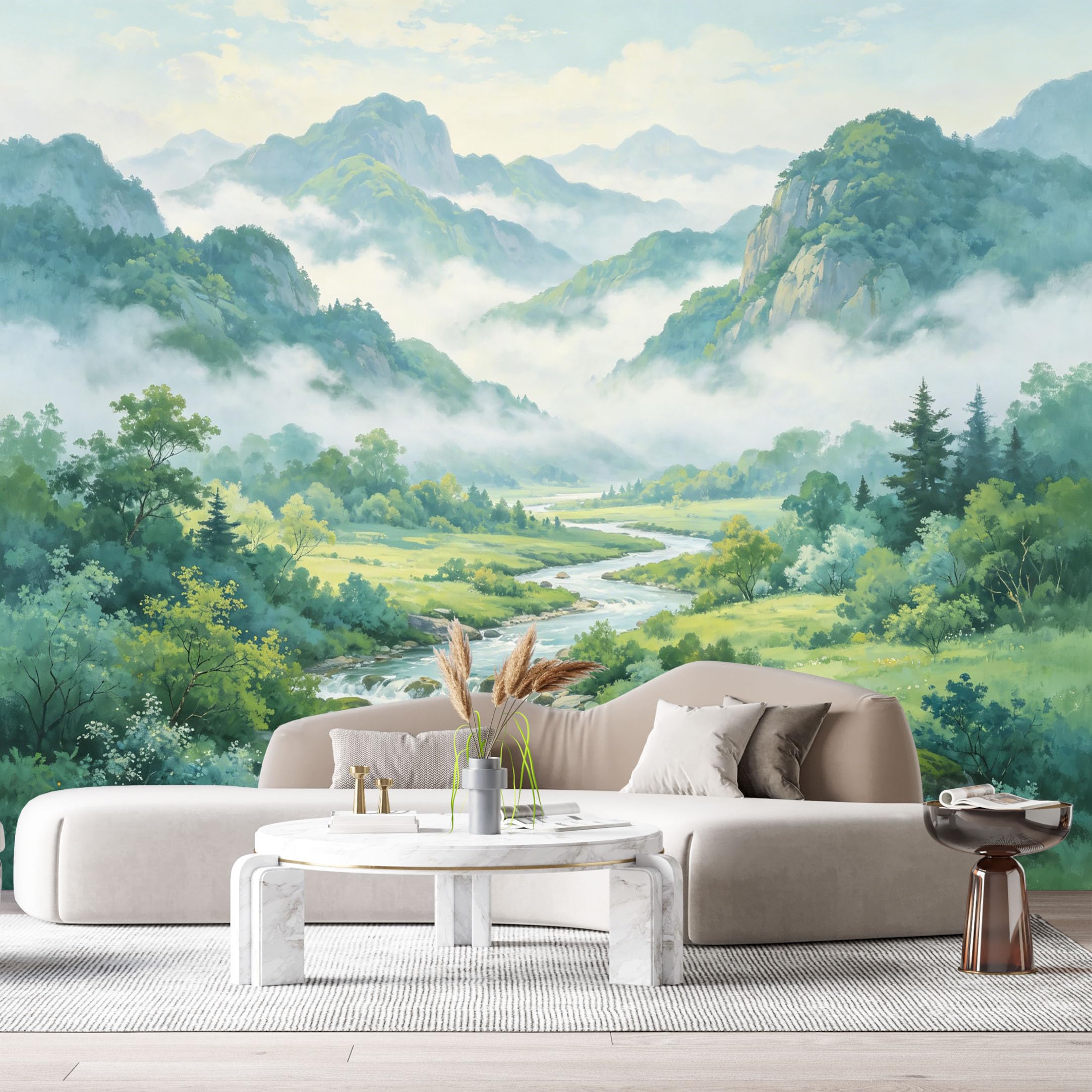Custom Size Wall Murals Misty Mountain Landscape Watercolor River Valley Forest View SelfAdhesive Wall Fabric Removable Large Wallpaper for Photo Living Room
