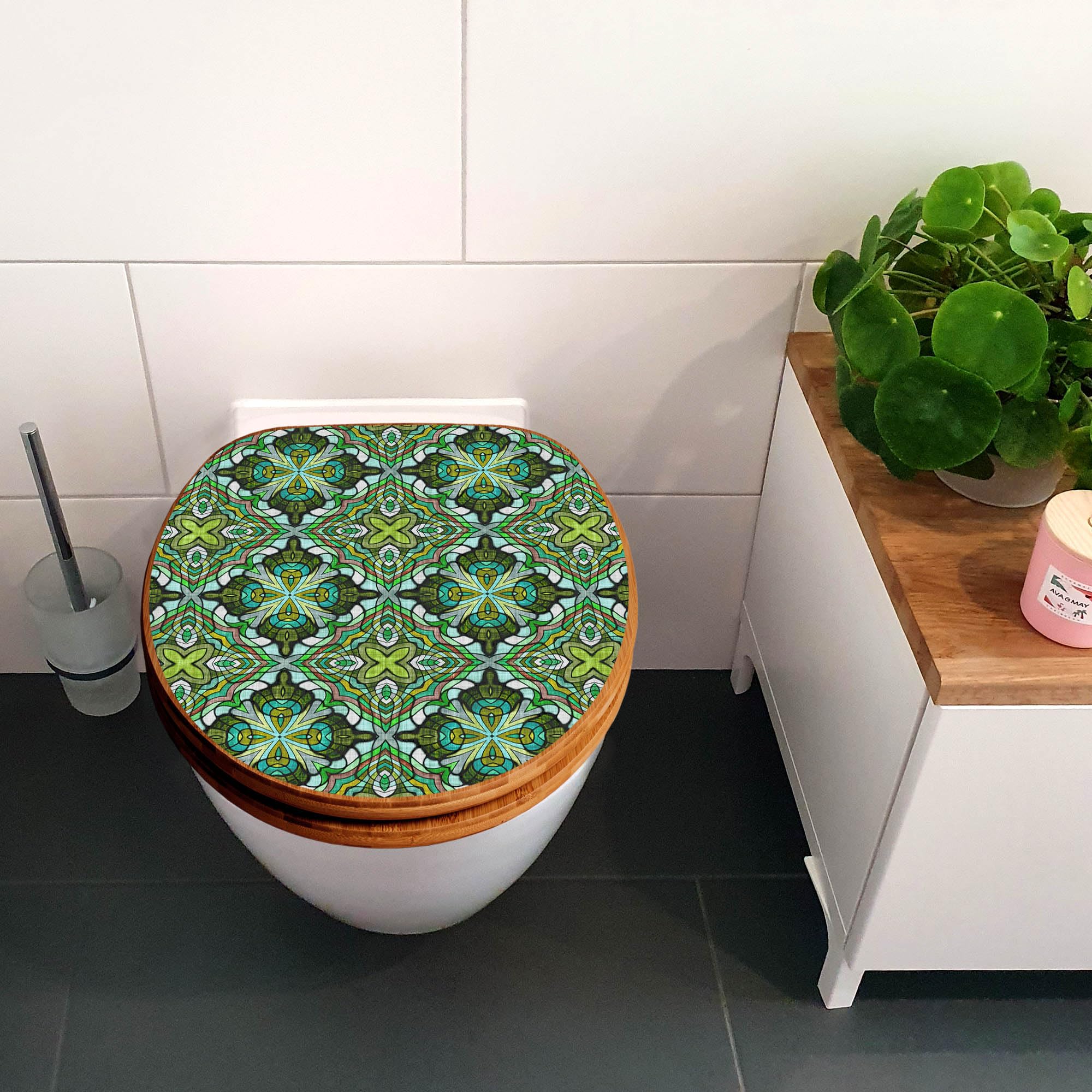 banjado Design WC Sitz Bambus Absenkautomatik 45,8x37,5cm - Toilettendeckel mit Absenkautomatik Holz - hochwertiger Bambus Klodeckel - WC-Sitz für gängigen Toiletten - Motiv Grünes Muster