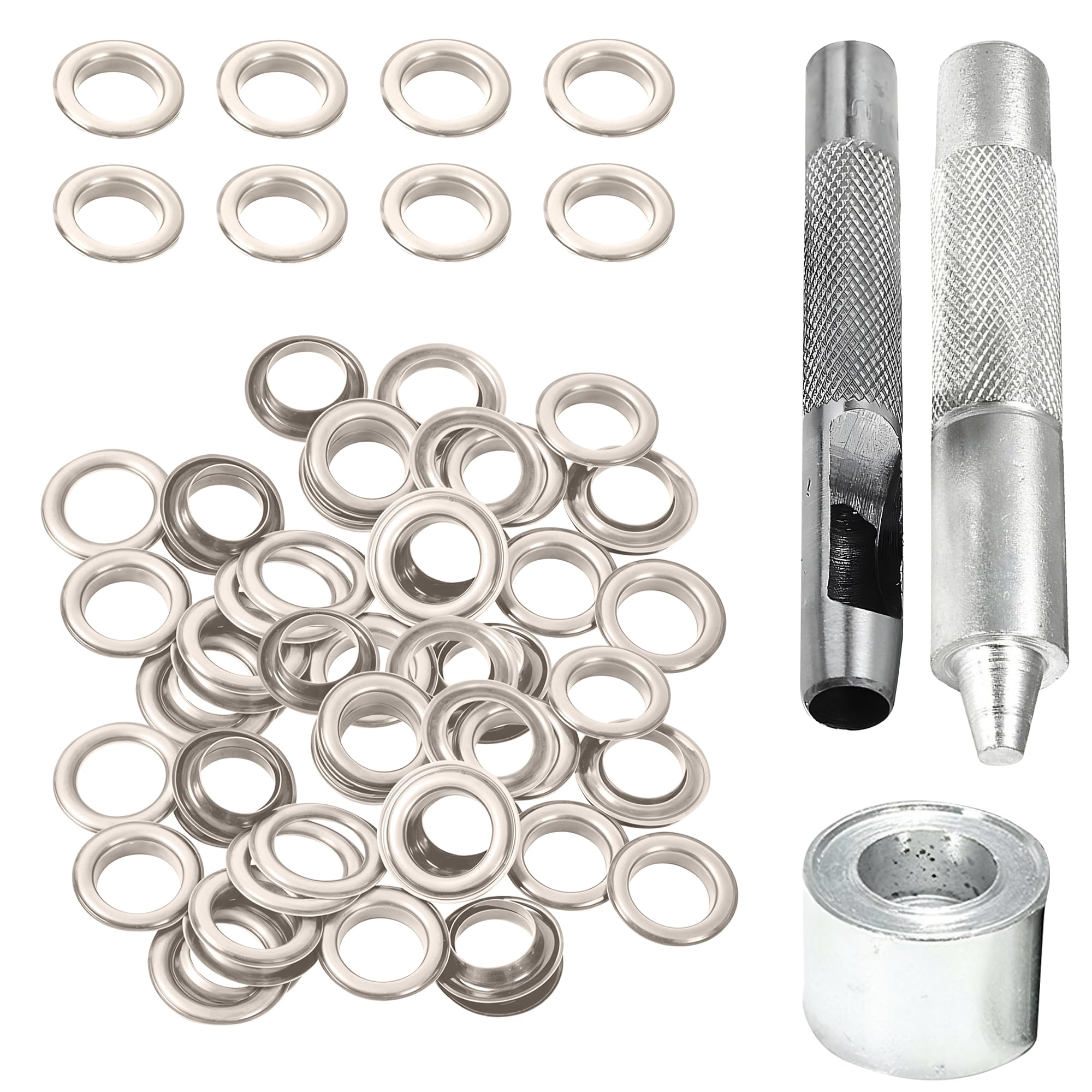 Oeillets 20mm argent avec rondelles et 3 outils pour maroquinerie et couture