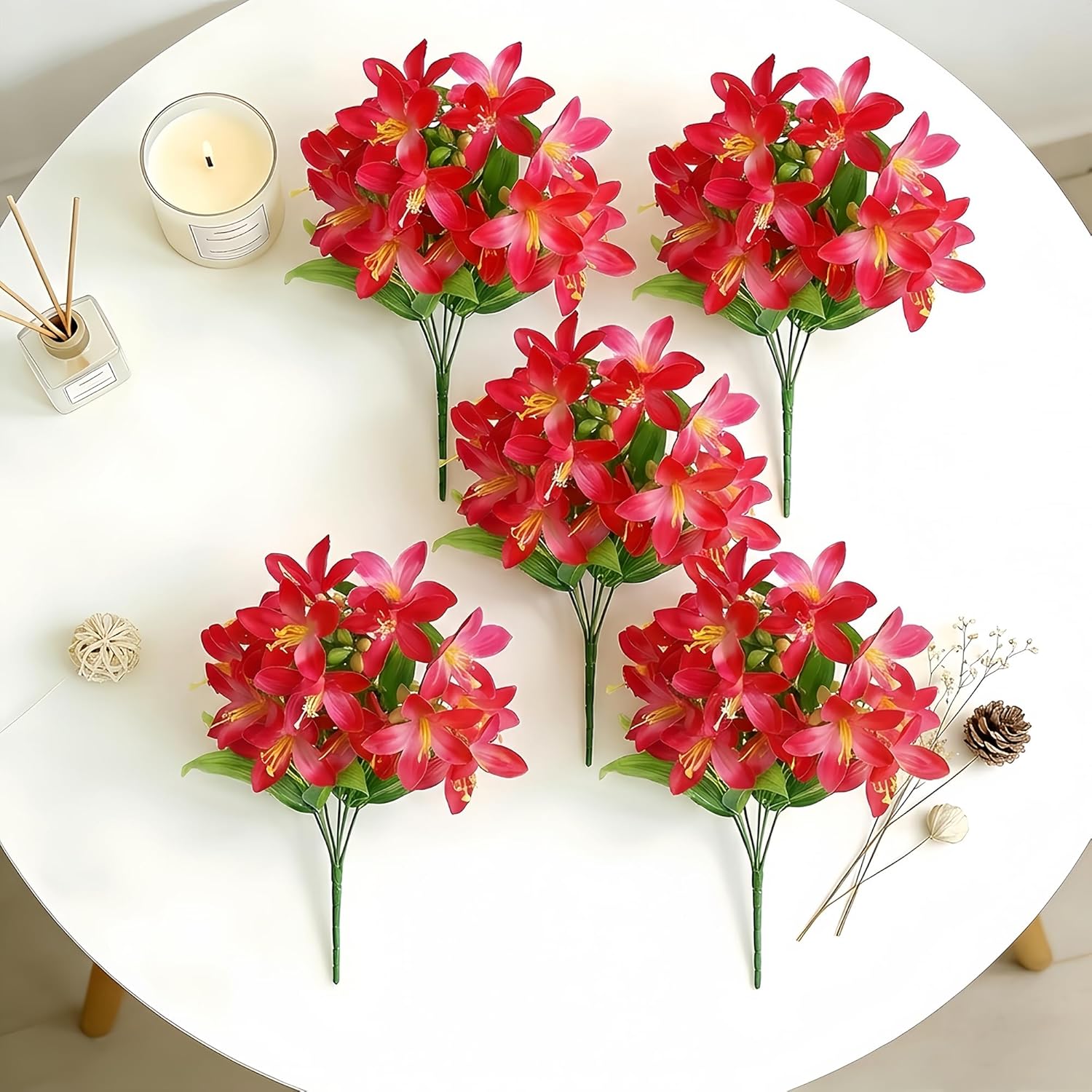 5PCS Rose Red Artificial Lilies Fake Lily Flowers, 18 Heads Bouquet Home Decor Easter Spring Wedding Centerpieces Indoor Outdoor Faux Floral Arrangements, Mother's Day Valentine's Day Gift