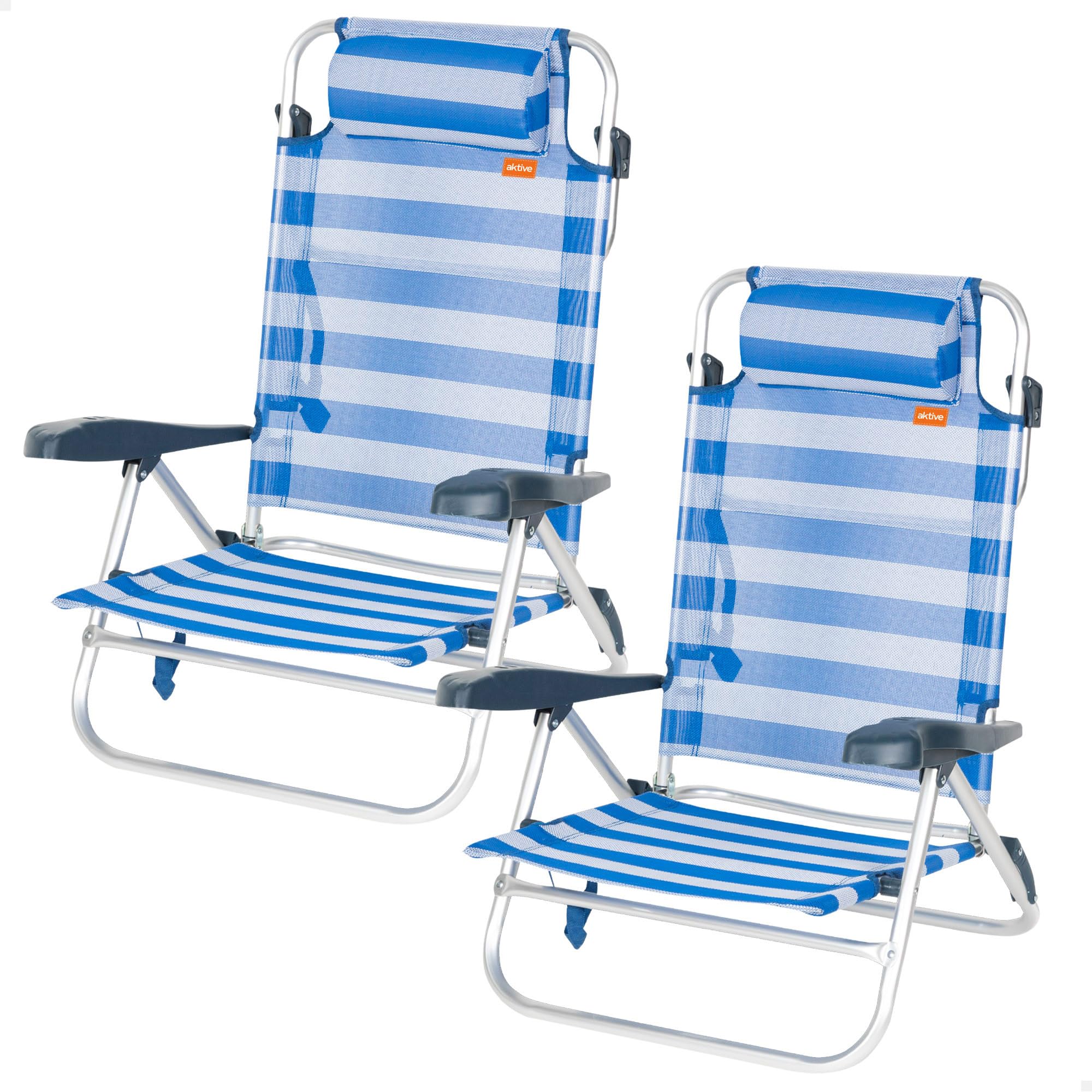 AKTIVE Pack 2 chaises de Plage Pliantes, Dossier 8 Positions, Convertible en Chaise Longue, 47x49x82 cm, en Aluminium et textilène, avec Coussin d'assise et poignées, Max. 110 kg, Rayures (85441)