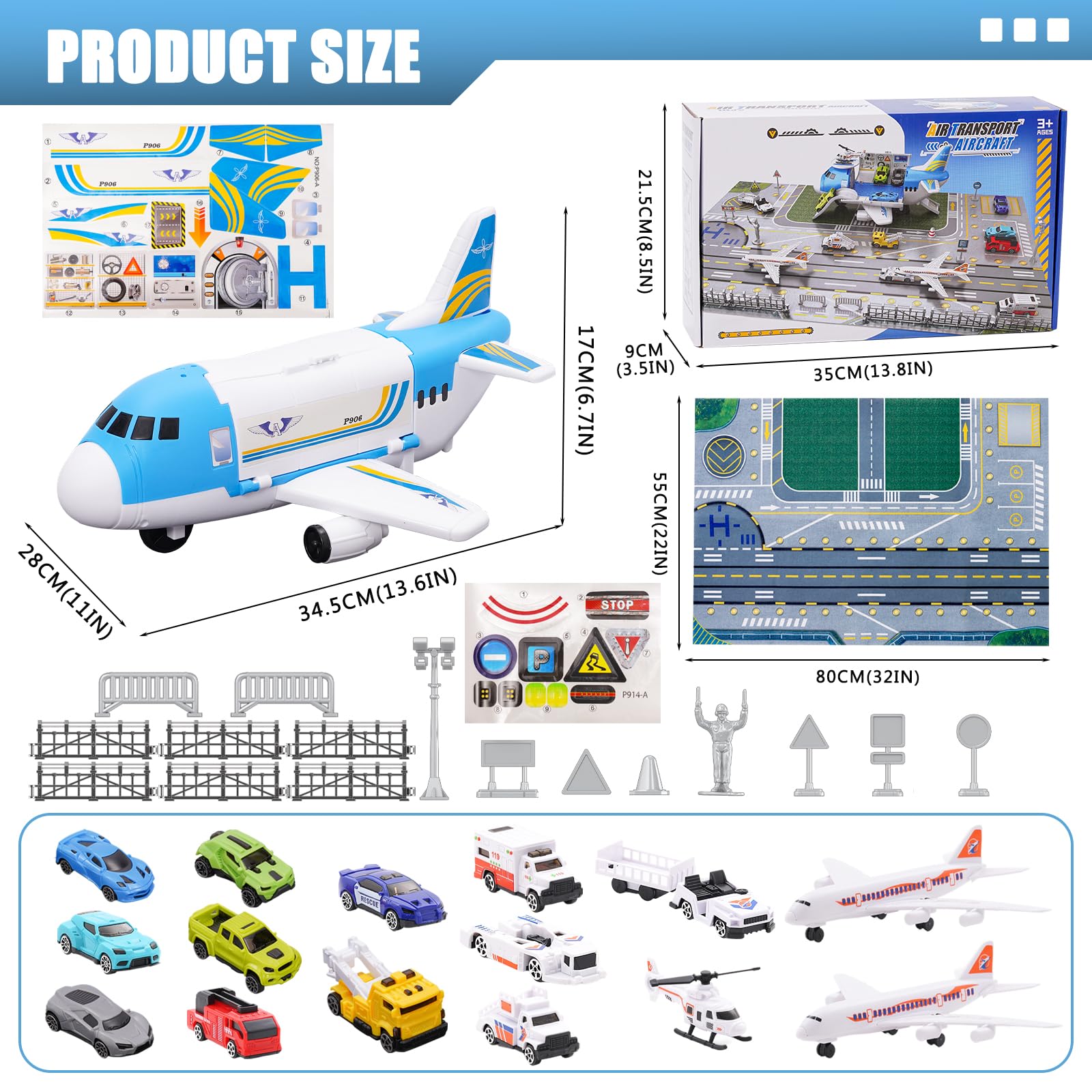 Airport Toys Airplane Car Toy Set for Kids with Trucks Helicopter, Planes, Signs, Fire Trucks Race Cars and Airport Playmat - Image 2