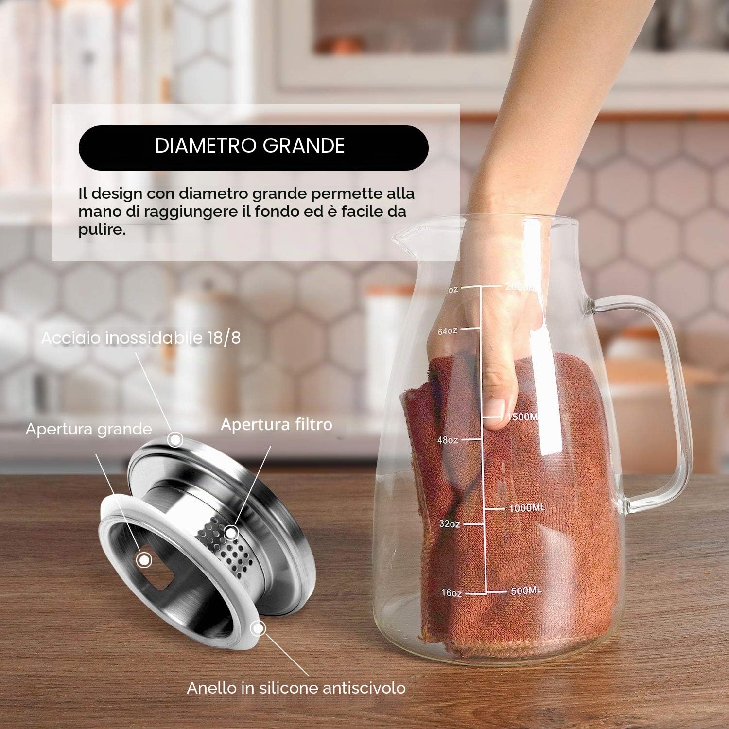 Caraffa in Vetro 2L Graduata Aofmee, Brocca con Coperchio Acciaio Inox 304, in Borosilicato, Caraffa Acqua per Frigorifero, Tè Freddo, Succo, Bevande