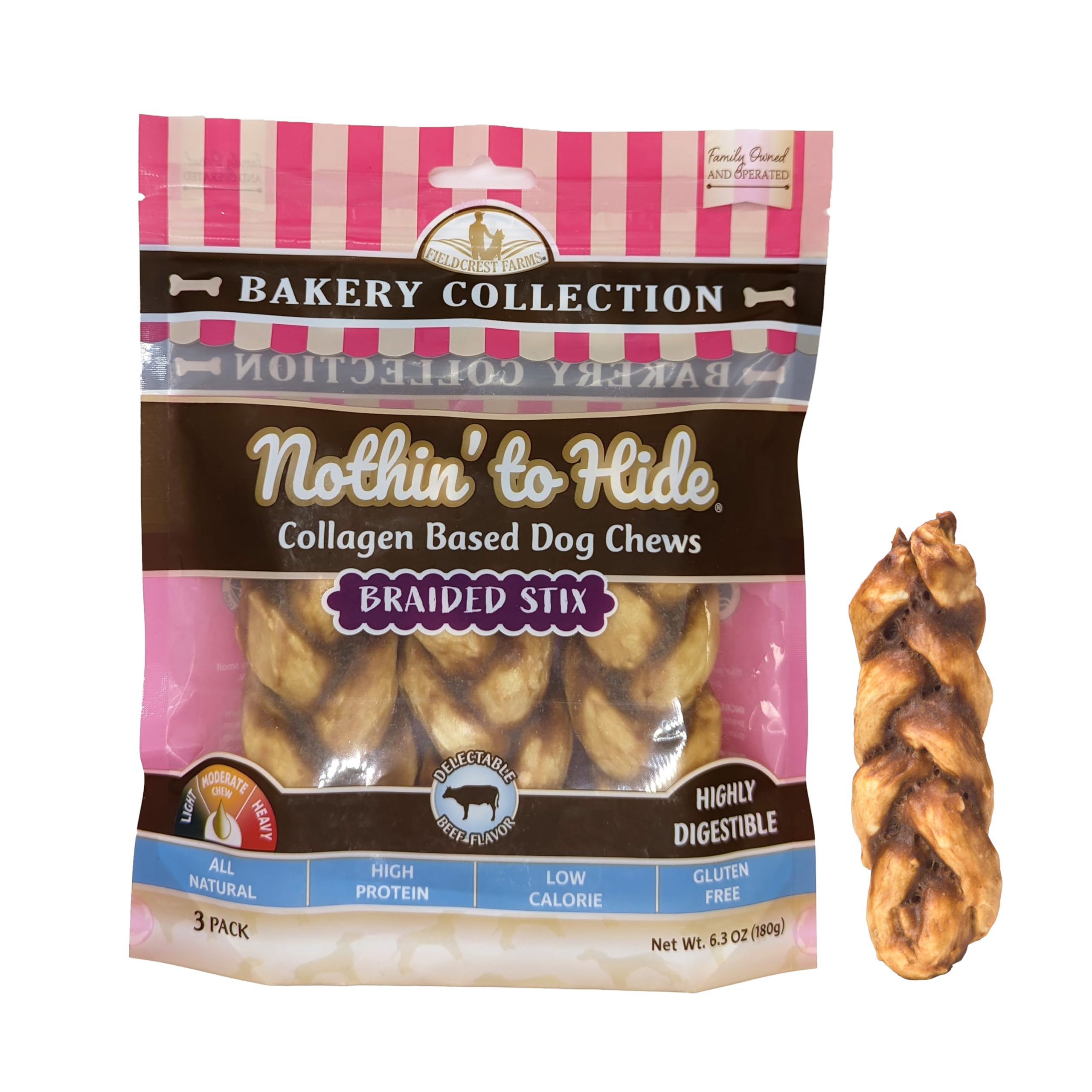 Nothin' to Hide Collagen-Based Dog Chews Medium Braided Stix, Beef Flavor, Easily Digestible, Supports Skin, Coat, Joints & Muscles, for Moderate