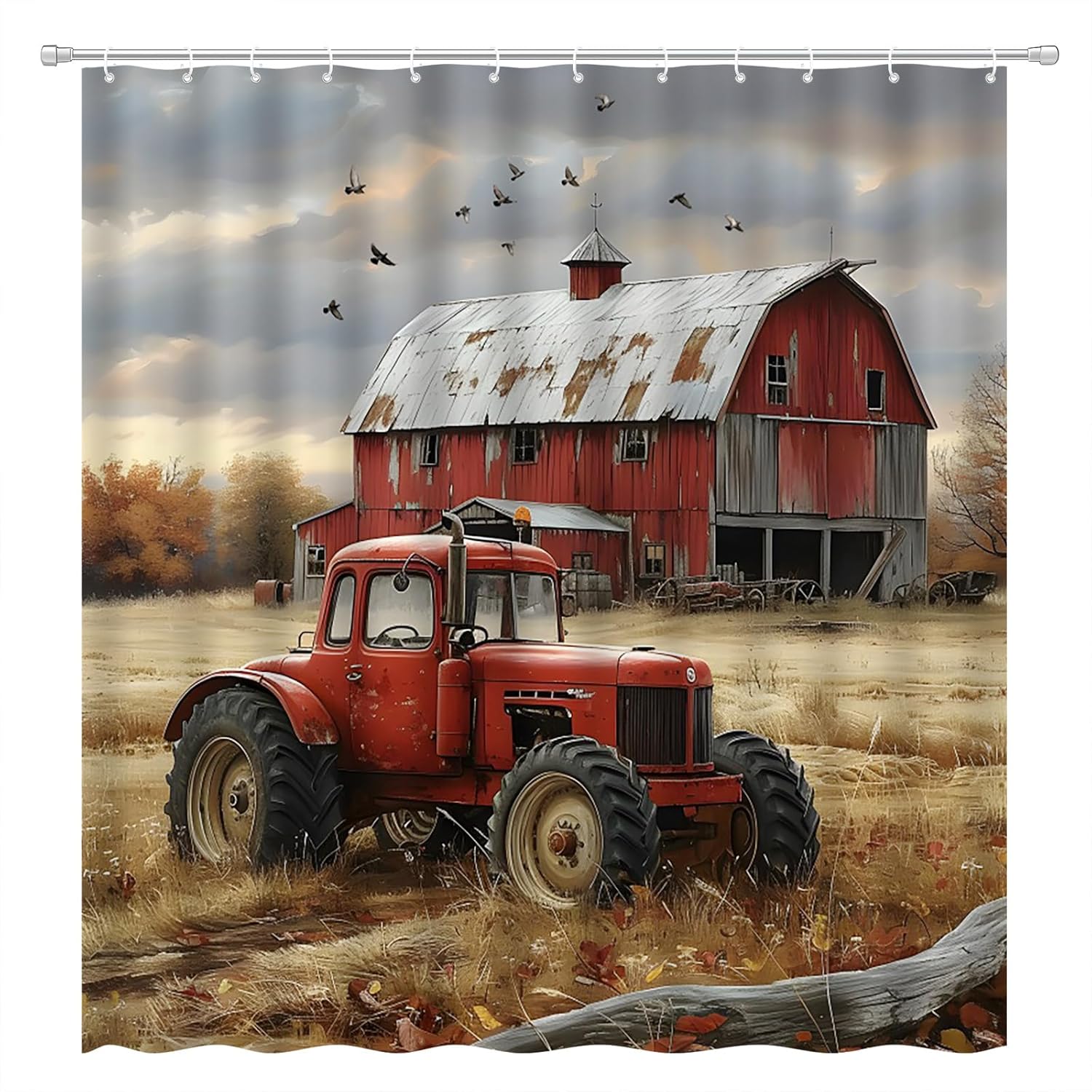 Farmhouse Vintage Truck Shower Curtain Old Tractor Farm Car Red Wooden Barn Tractor Bird Country Nature Scenery Fabric Bathroom Decor Set with Hooks