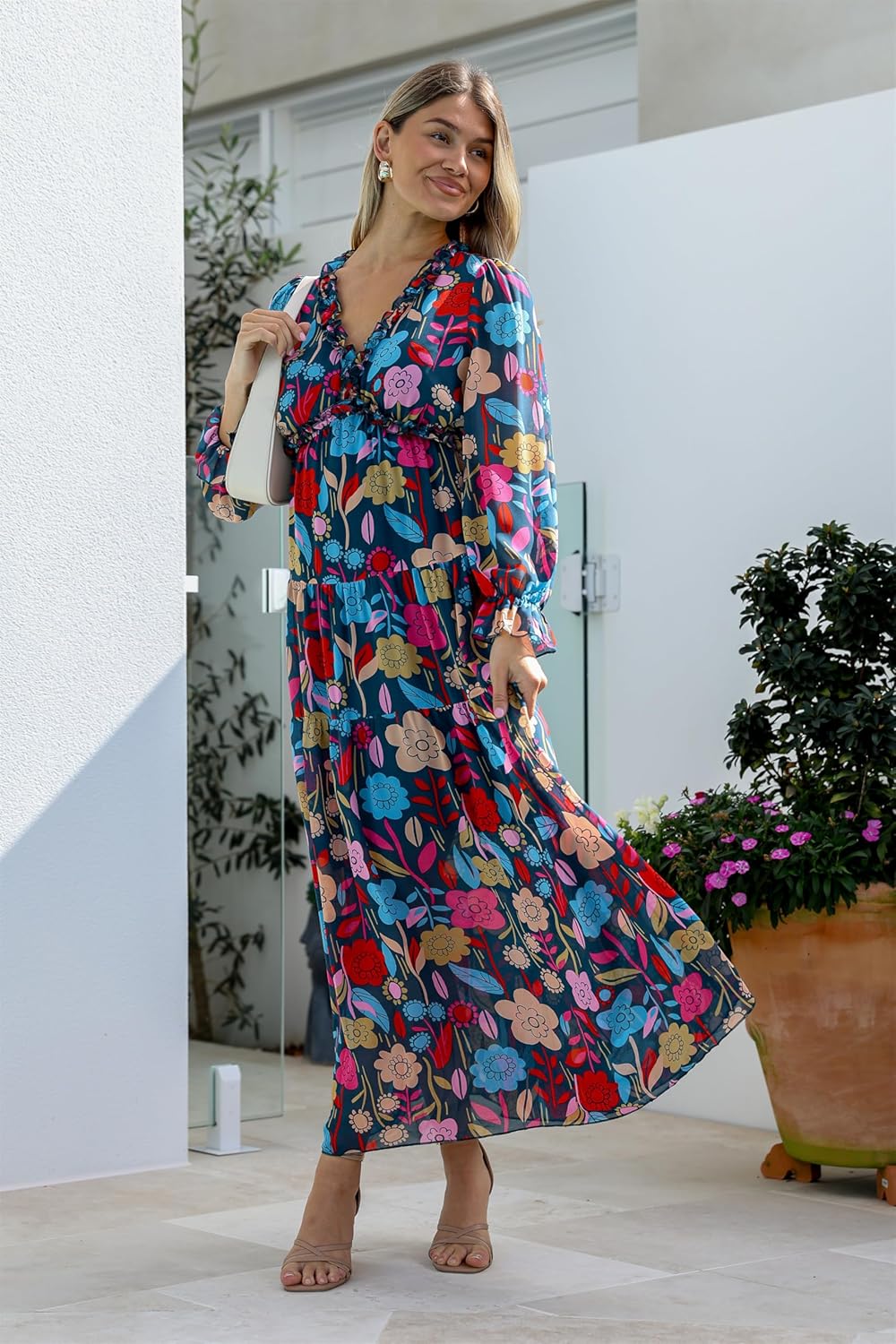BLENCOT Womens Casual Boho Floral Printed V Neck Long Sleeve Long Maxi Dress Spring Summer Dresses - Image 2