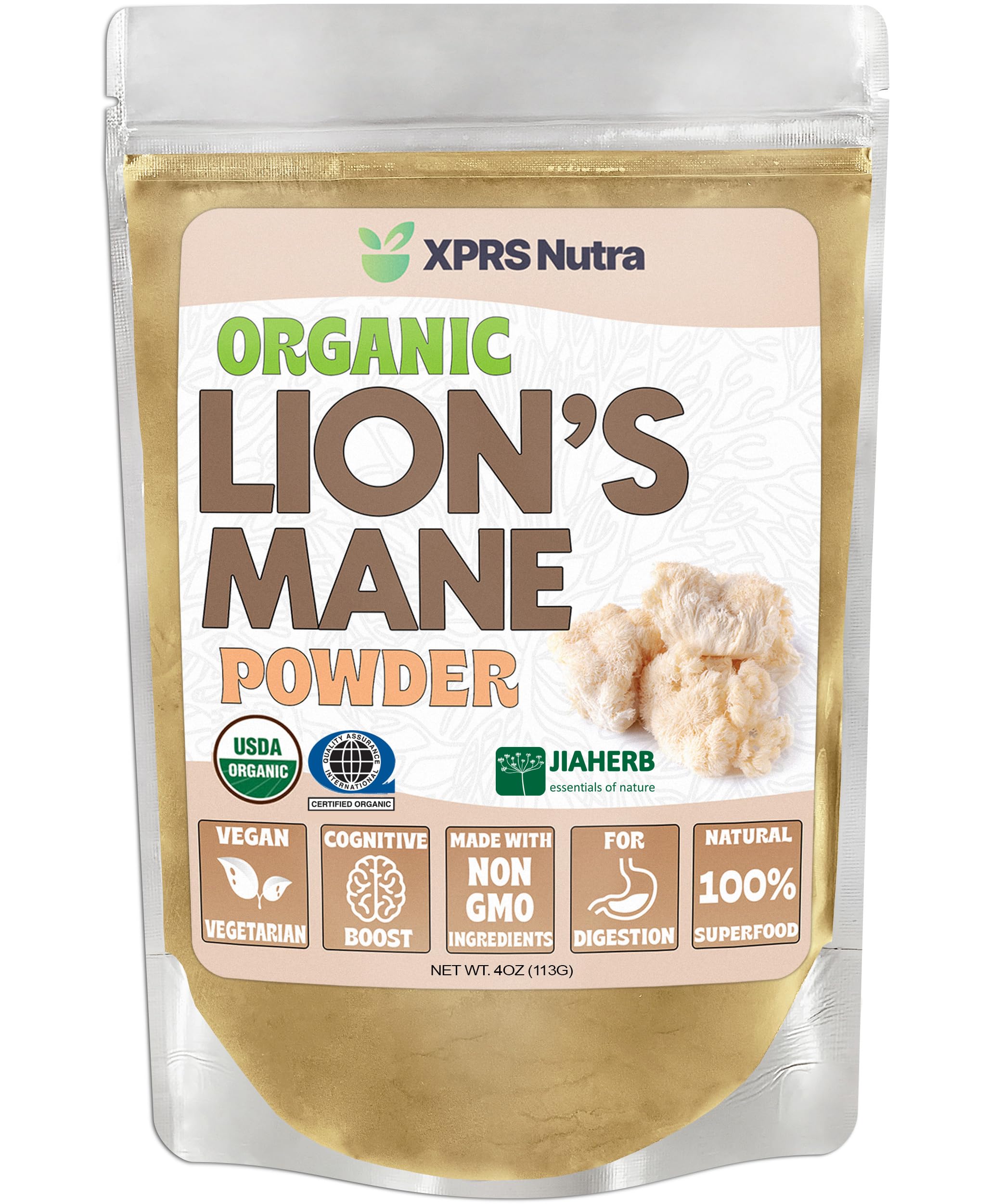 XPRS Nutra Organic Lion's Mane Powder - Premium Lions Mane Powder for Mental Clarity, Memory, Focus, and Digestive Health - Vegan Friendly Lions Mane Mushroom (4 oz)
