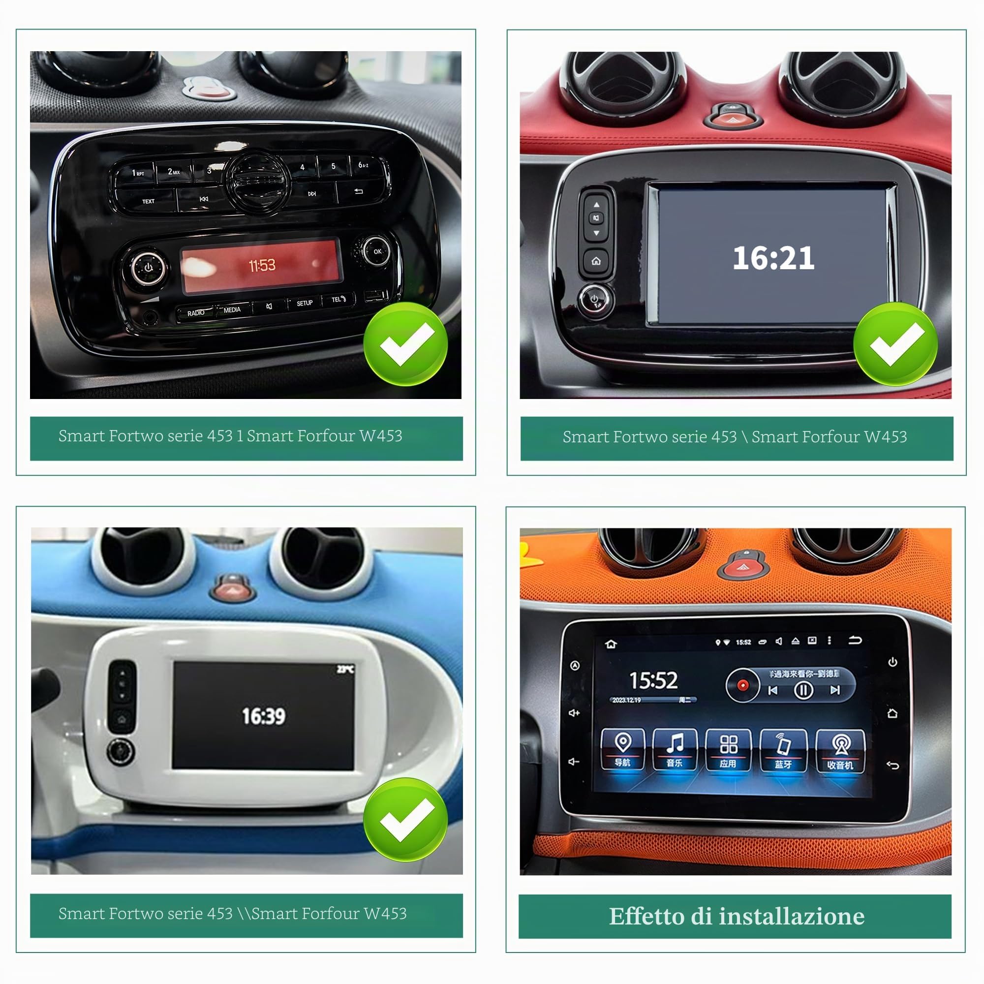 Per Smart Fortwo Forfour 453 (2015-2019) CarPlay Radio Dash Kit 9 pollici Touch Screen Aggiornamento Android Auto Full Screen Netflix Spotify Android 13 Navigazione GPS Supporta telecamere di backup