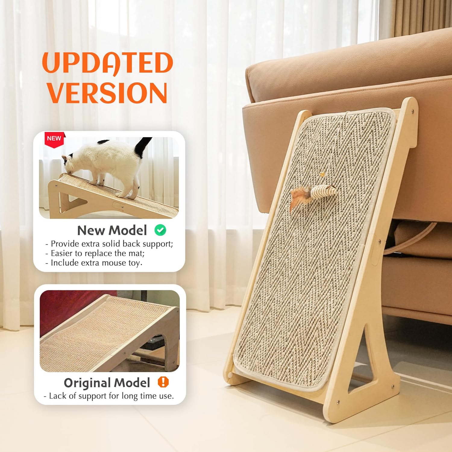 PETKARAY Cat Scratcher, Sisal Scratching Ramp, L Shape Scratch Pad for Indoor Cats, 27" Wall Furniture Protector with Mouse Toy