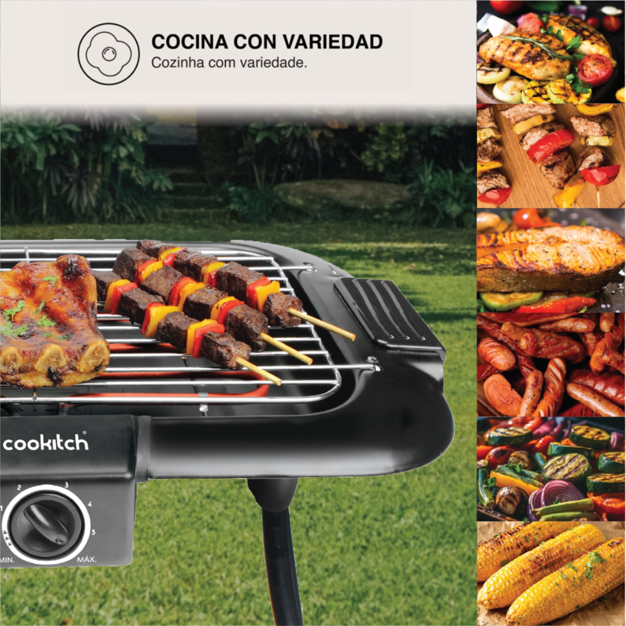 Barbacoa Eléctrica 2000W, 2 en 1 - Parrila Eléctrica de Pie y de Mesa, Portátil, Sin Humo, Calienta rápido con regulador de temperatura, Incluye Cortavientos