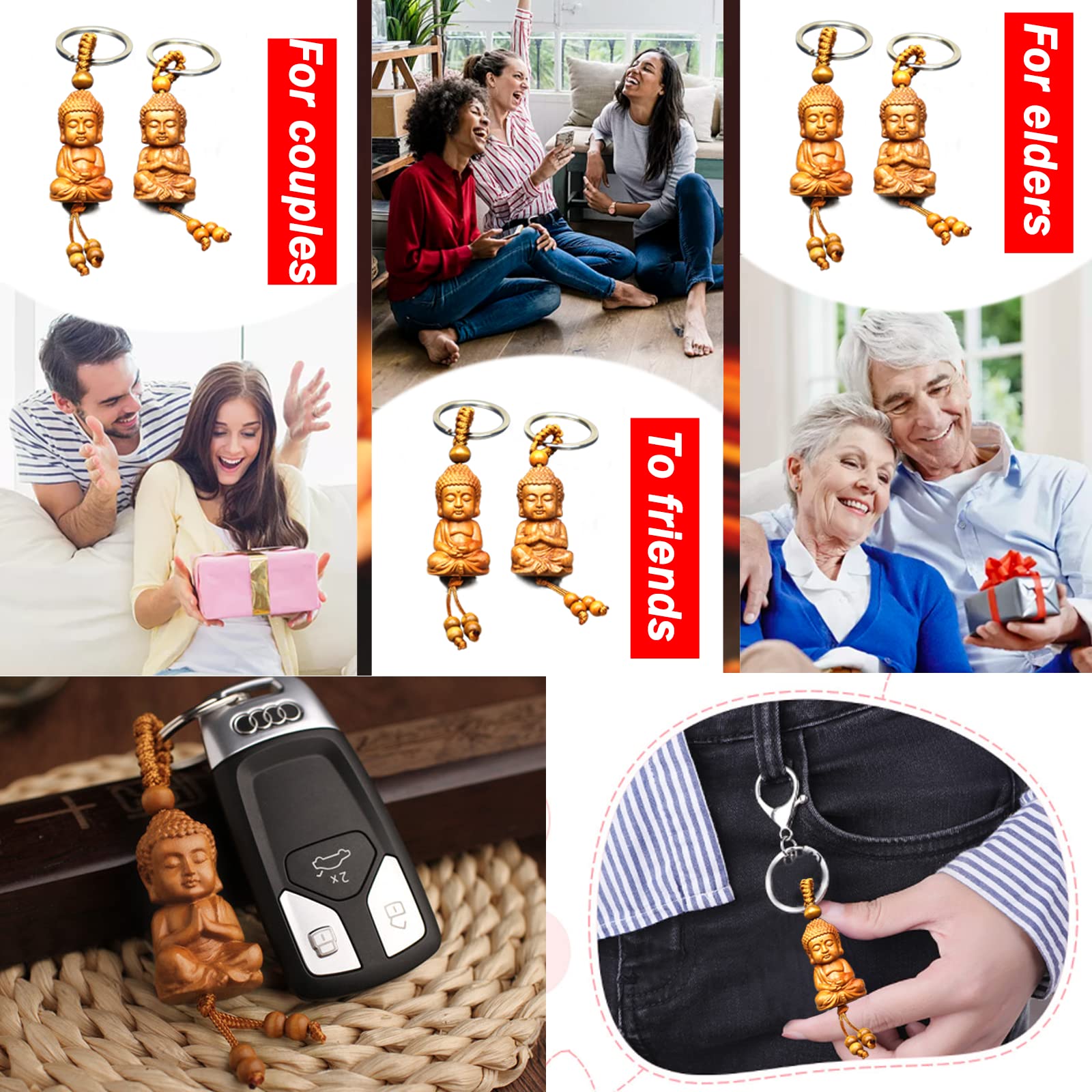 behone 2 pezzi portachiavi Buddha in legno buddismo portachiavi mini buddha portafortuna, adatto per il regalo portafortuna, ciondolo auto fai da te