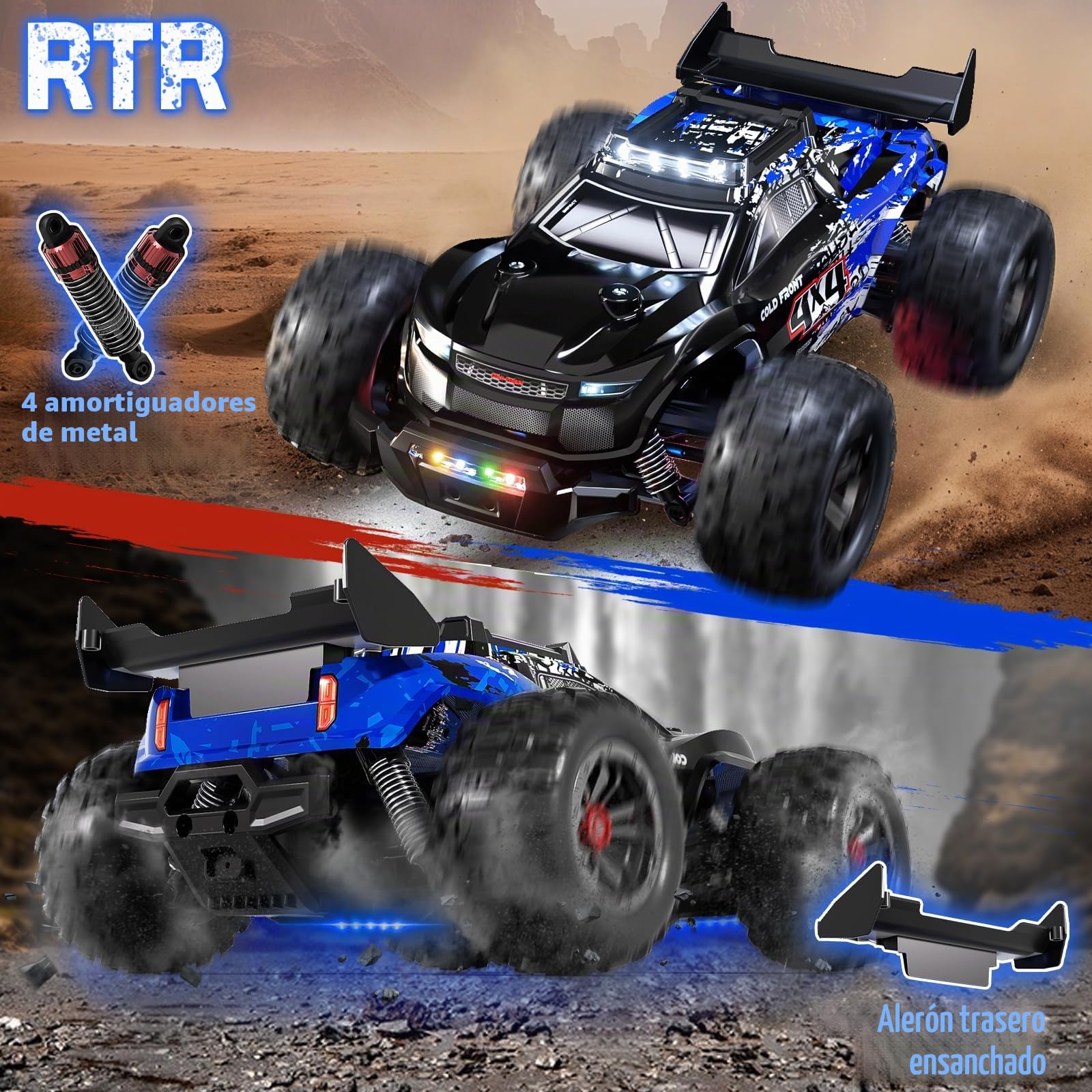 Coche teledirigido de 40 km/h, 1/14 RC coche con 7 luces de colores, 2,4 GHz, camión monstruo teledirigido con 2 baterías de 2000 mAh, 4 WD, camión monstruo teledirigido RTR All Terrain, RC Truck para