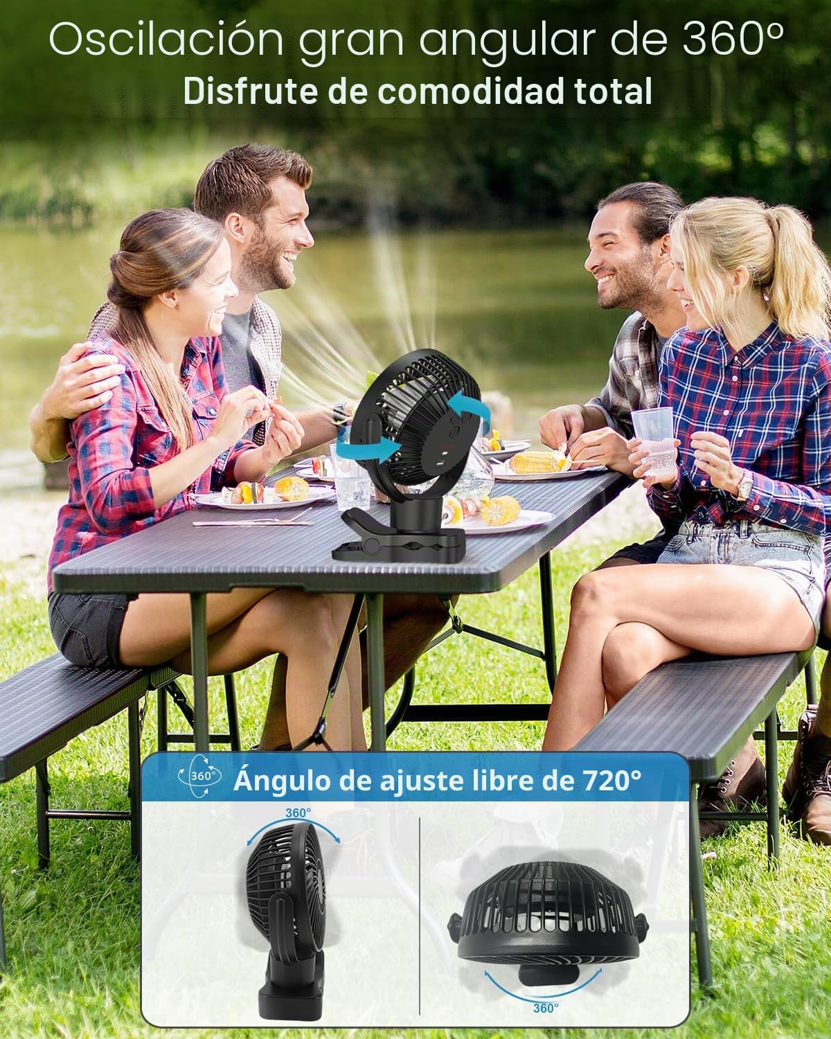 360° Oscilación Ventilador Pinza con Mando a Distancia - 10000mAh Portatil Recargable USB Ventilador de mesa - Silencioso Mini Clip Ventilador Camper 4 Niveles & Temporizador - luz LED- 75H - Ø17.5cm