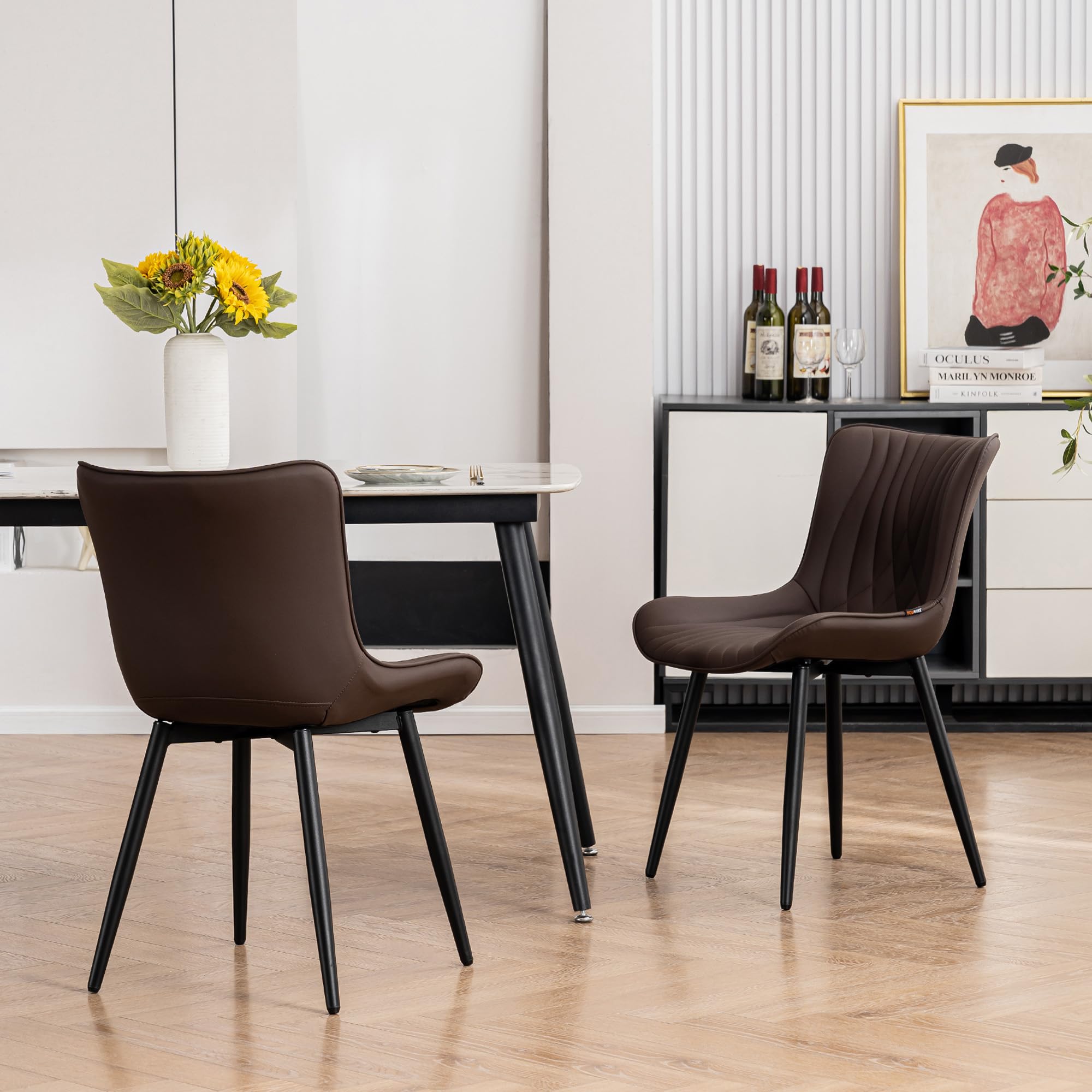 Kidol&Shellder - Juego de 2 sillas de comedor tapizadas de piel sintética moderna de mediados de siglo con respaldo, ergonómicas sin brazos y sillas de sala de estar con patas de metal 7