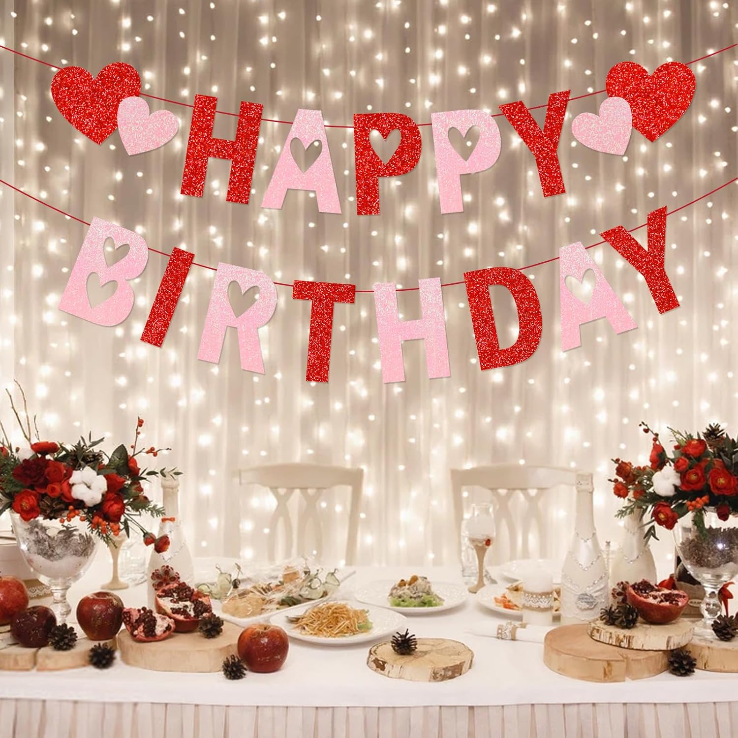 Valentines Birthday Banner Happy Birthday Banner Glitter Pink Birthday Decorations Banner for Galentines Day Decorations Happy Valentine’s Day Theme Birthday Party Supplies