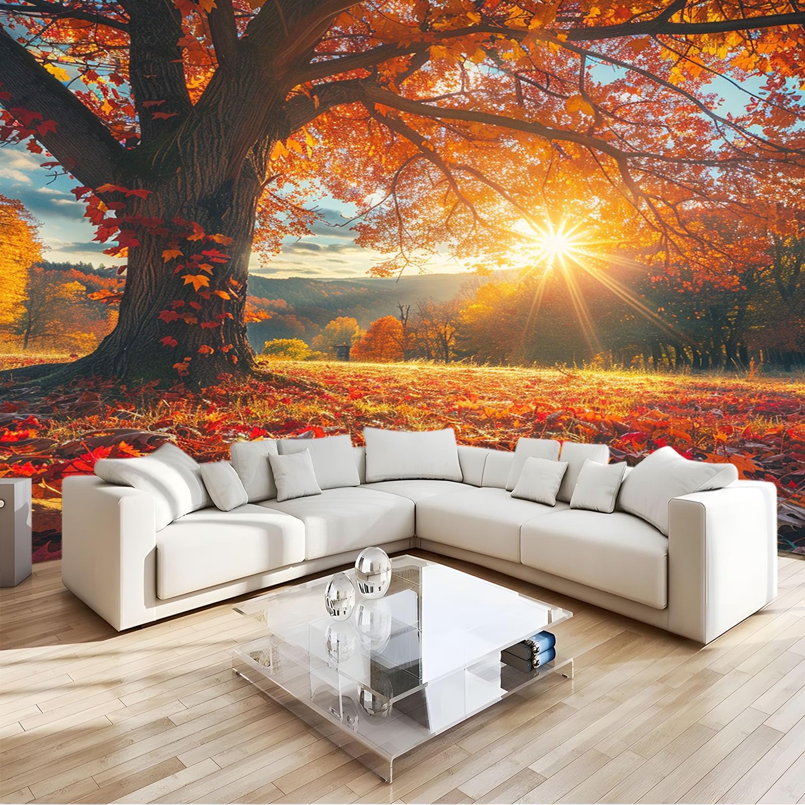 Poster Giganti da Parete Paesaggio autunnale del tramonto dell'acero Fotomurale Carta da Parati TNT Murale alla Moda Decorazione da Muro fotografica 300x210 cm Murale per Camera Letto Sala