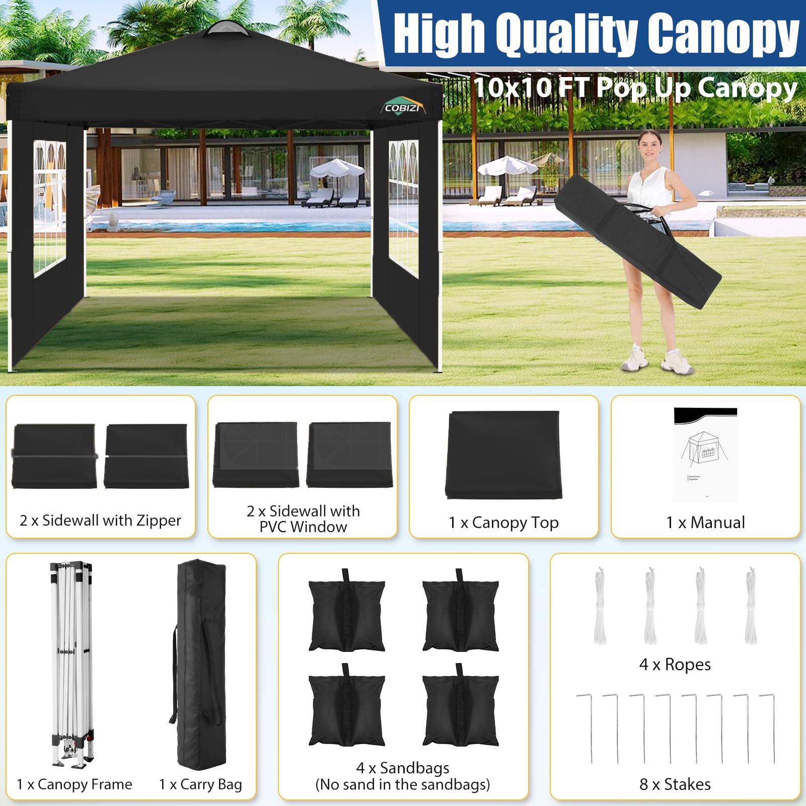COBIZI Carpa de Jardín de 3x3m Plegable, Cenador Robusto Impermeable, Garden Tent 3x3 Resistente al Agua con 8 Paredes Laterales para Reception, Camping, Fiestas, Exterior, Cerveza,Reception,Negro