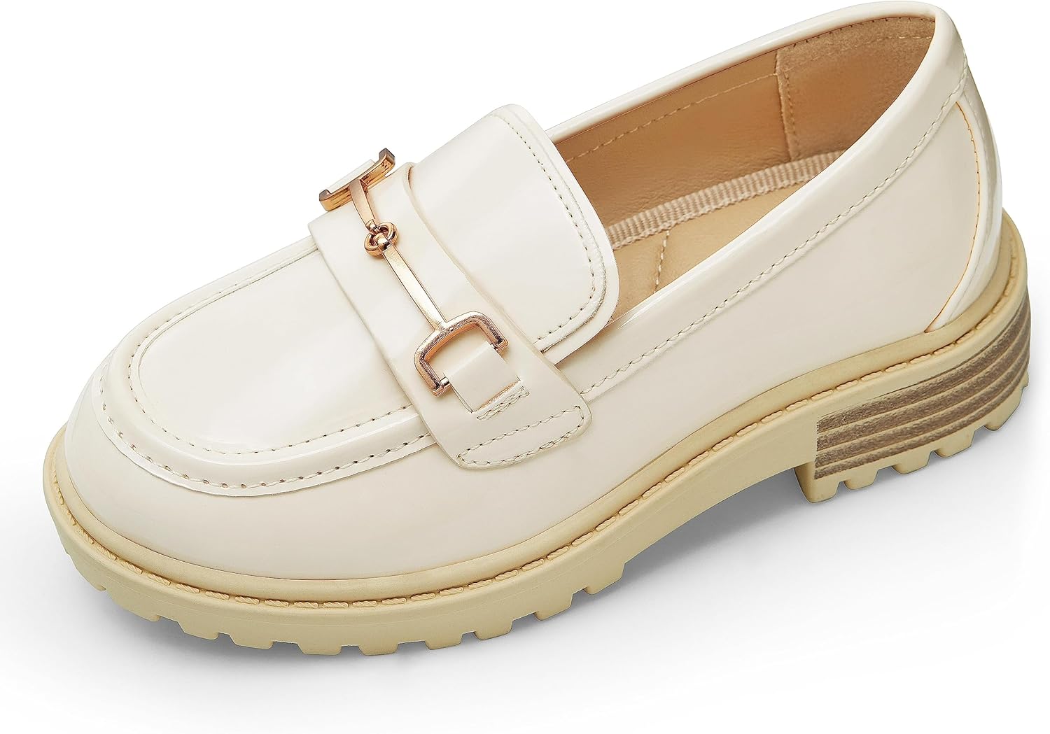 Coutgo Girl's Platform Loafers Slip On Chain Chunky Heel Leather Flats Round Toe School Uniform Dress Shoes