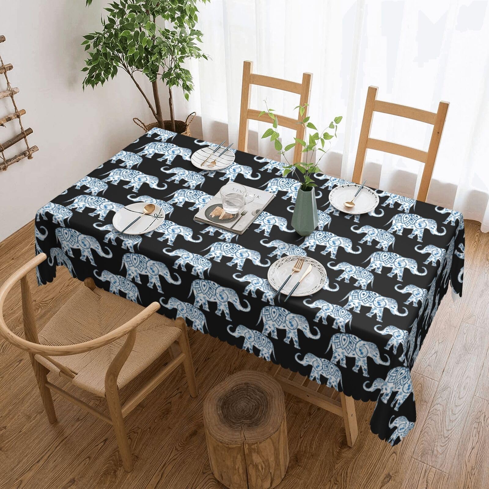 OLLiNsElephant Printed Water Resistant Rectangle Table Cloth Decorate Fabric Farmhouse Table Cover For Dining/Party/Wedding