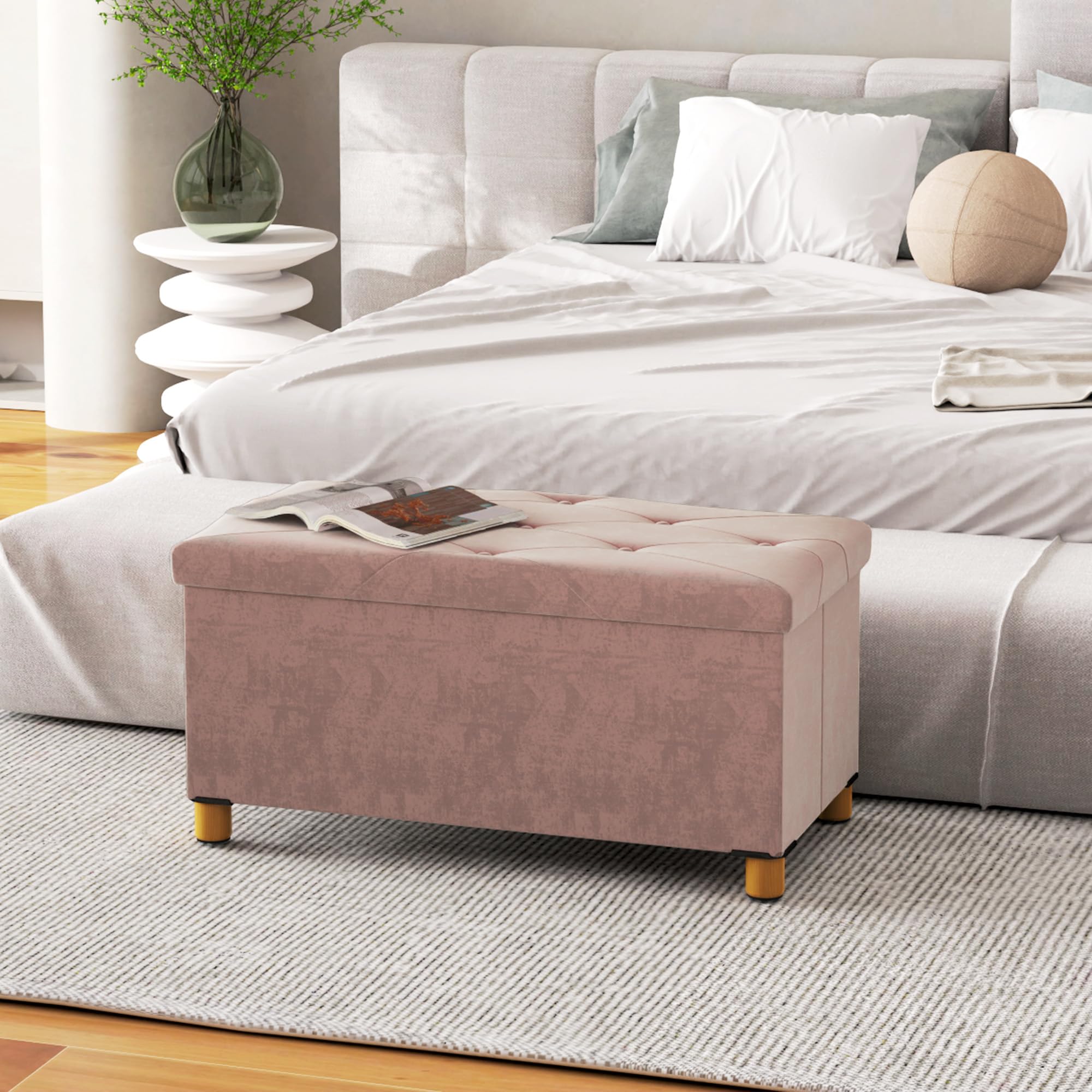 HOMCOM Puff Almacenaje, Banco Almacenaje Plegable, Capacidad de 67 L, 76x38x38 cm, Tapizado en Terciopelo, Baúl de Almacenamiento Dormitorio, Carga 120 kg, para Sala de Estar, Entrada, Rosa