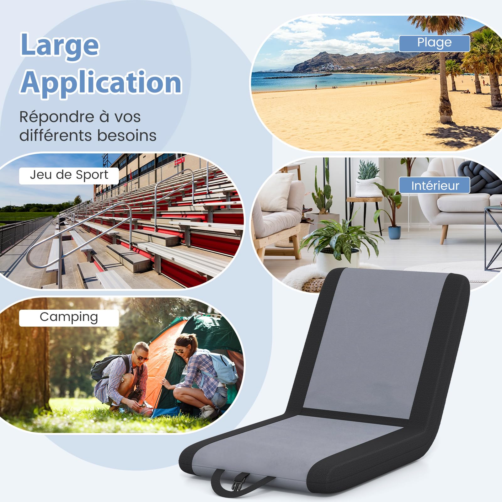COSTWAY Coussin de Siège, Siège de Stade Rembourré, Support Dorsal et 6 Positions d'Inclinaison, Chaise de Gradin Pliable avec Poignée de Transport pour Evénements Sportifs, Concerts, Camping, Plage