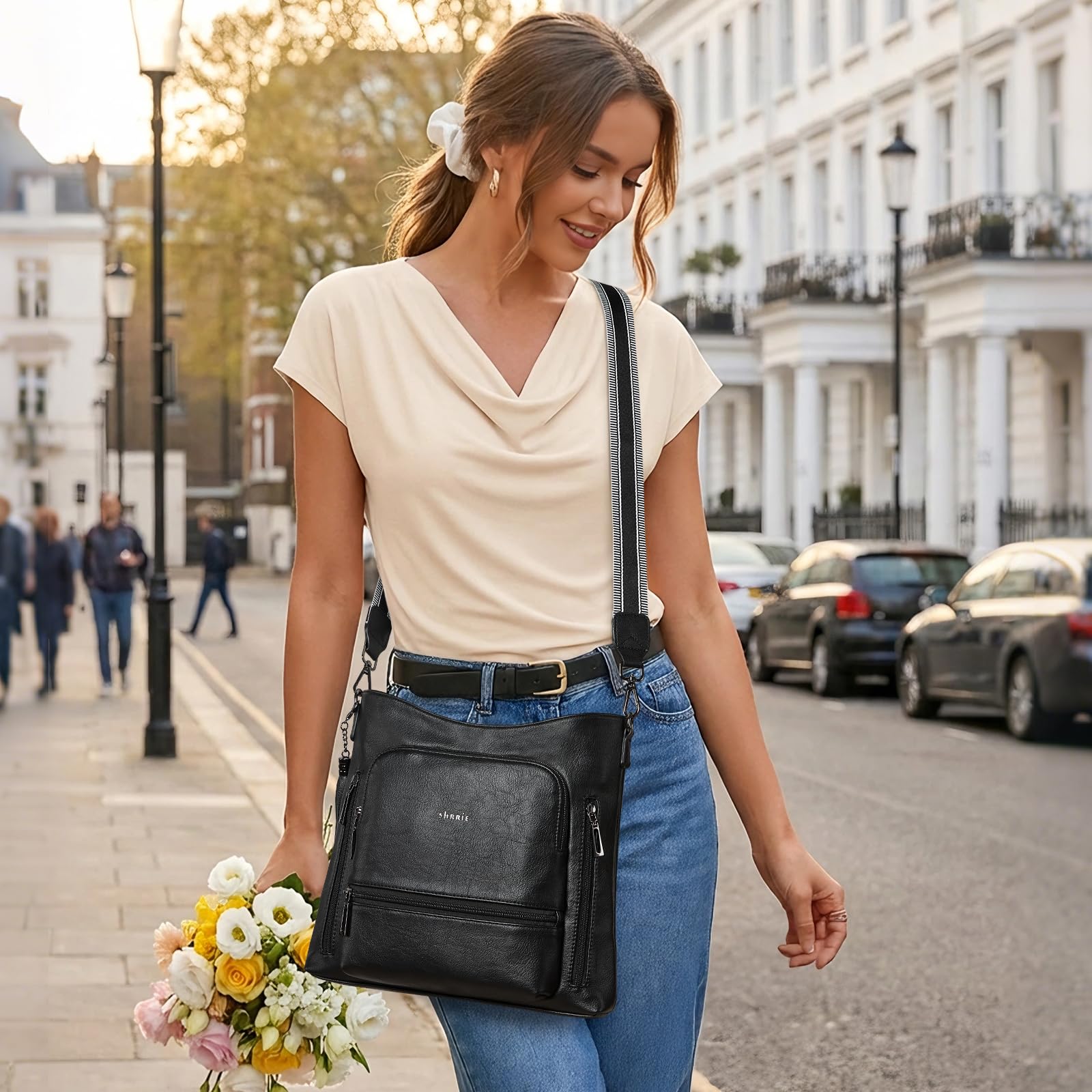 Shrrie Crossbody Taschen für Frauen Multi Tasche Vegan Leder Schultertasche Taschen für Frauen mit verstellbarem Gurt für Reisen