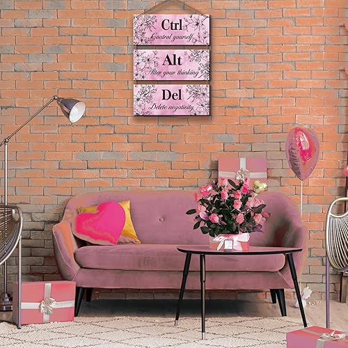 Miniatura 5 de 3 piezas de decoración de pared rosa intenso para niña, decoración de pared de oficina, arte floral de madera, inspirador con citas positivas Ctrl