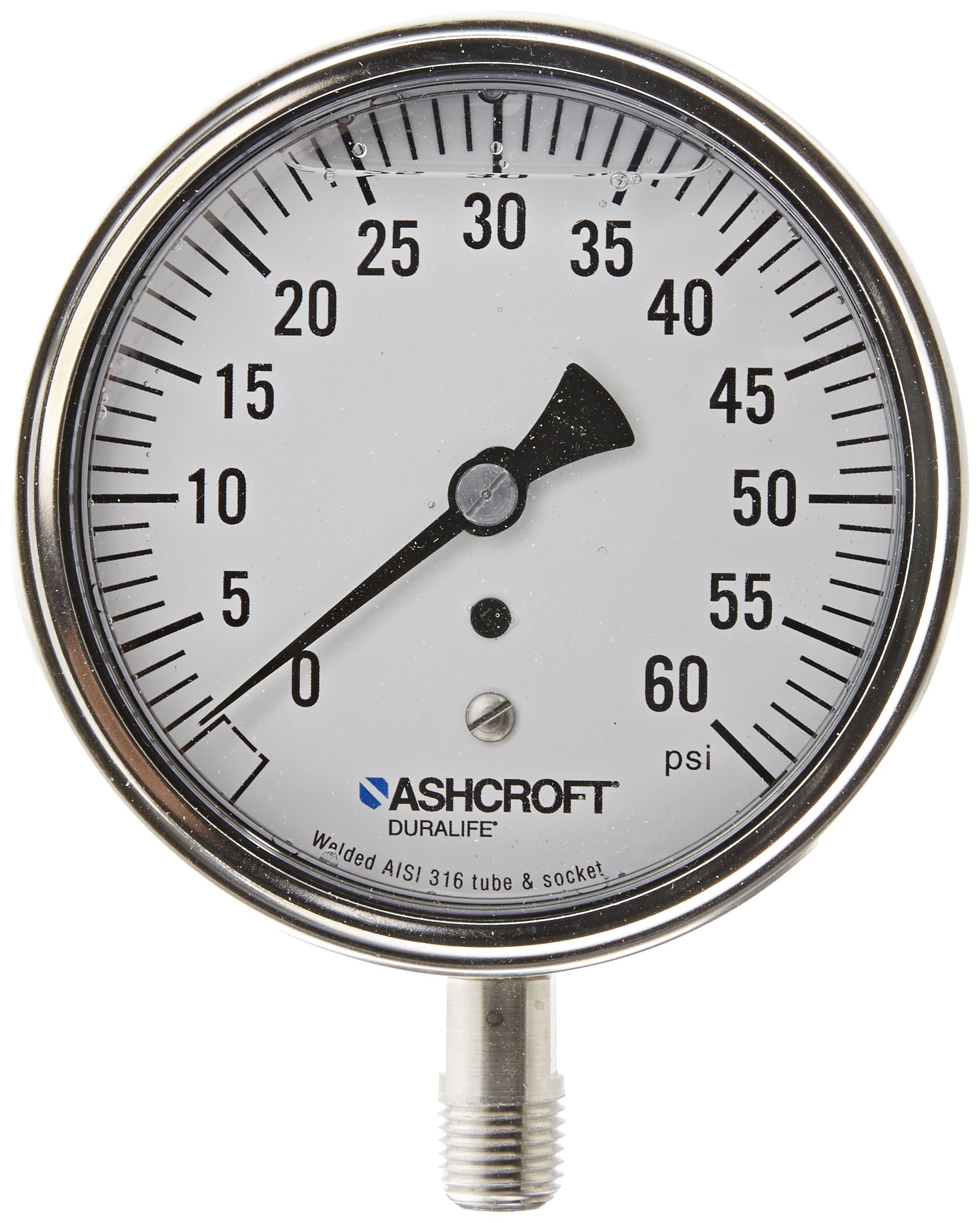 Ashcroft Duralife Type 1009SW Stainless Steel Case Pressure Gauge with Stainless Steel System, Stainless Steel Bourdon Tube and Socket, Glycerin Liquid Filled, 3-1/2