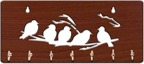 SHIKHA WOOD CRAFT Wooden Wall Mounted Key Holder with Laser Cut Sparrow Design | Stylish Wooden Wall Décor Key Organizer for Home, Office, Entryway, and Closets (7 Hooks, Brown)