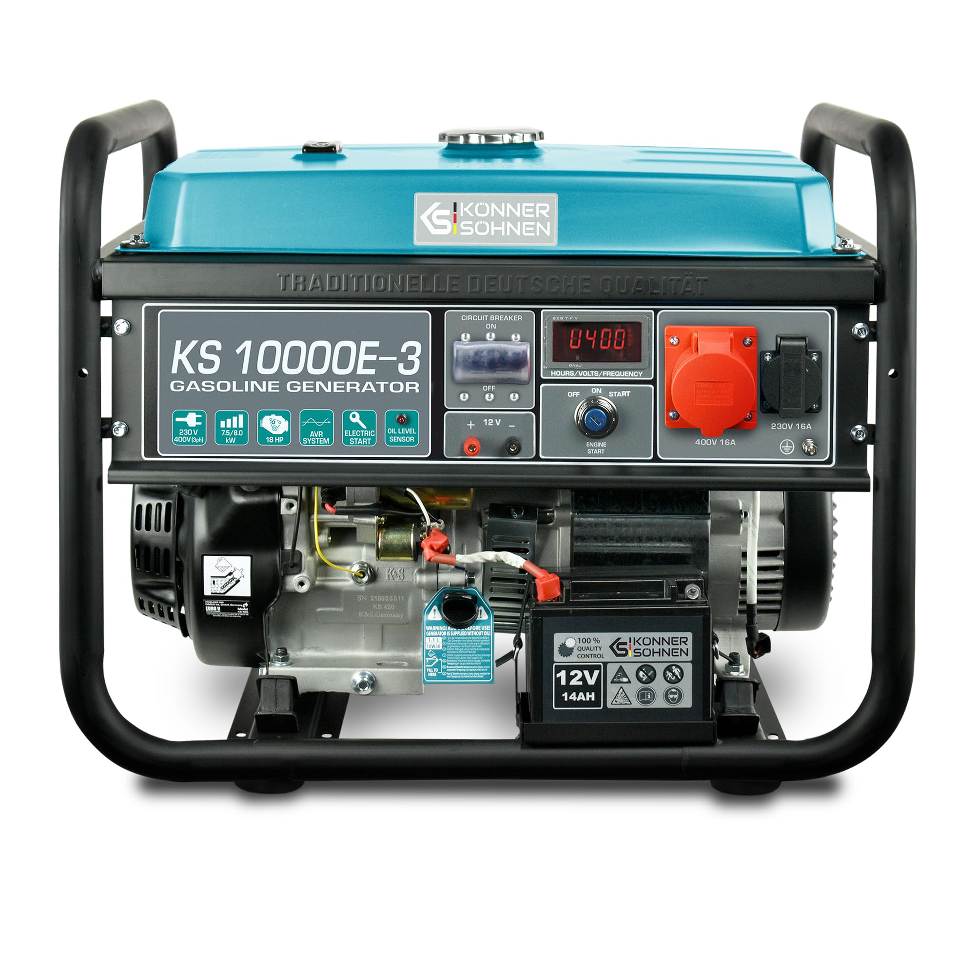 Generatore a benzina KS 10000E-3 per utenze trifase (400V), potenza massima 8000 W, con avviamento manuale/elettrico,protezione da cortocircuito, LED display, avvolgimento in rame,EURO 5