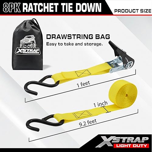 Miniatura 2 de XSTRAP STANDARD Correas de amarre de trinquete, paquete de 8 unidades, 1 pulgada x 10 pies, correas de carga de resistencia a la rotura de 900