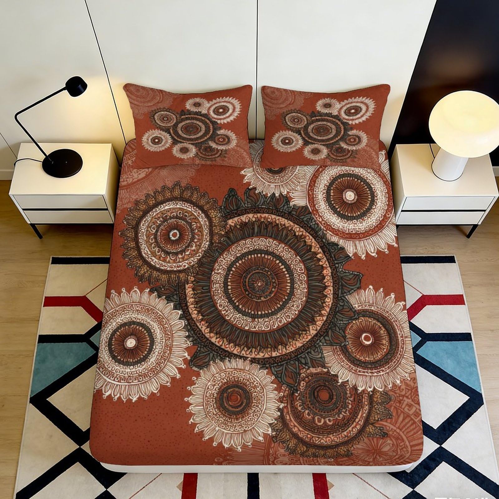 3D Printed Mandala Flower Fitted Sheet Microfiber Soft Breathable Sunburst Mattress Cover for Bedroom Dorm Decor 180x200x25cm
