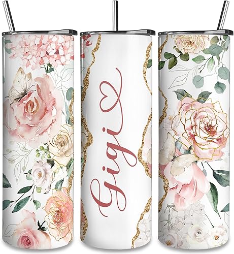 Gigi Tumbler My Favorite People Call Me Gigi - Taza de viaje floral rosa de 20 onzas, vasos delgados con tapa y pajita, tazas de café Gigi con