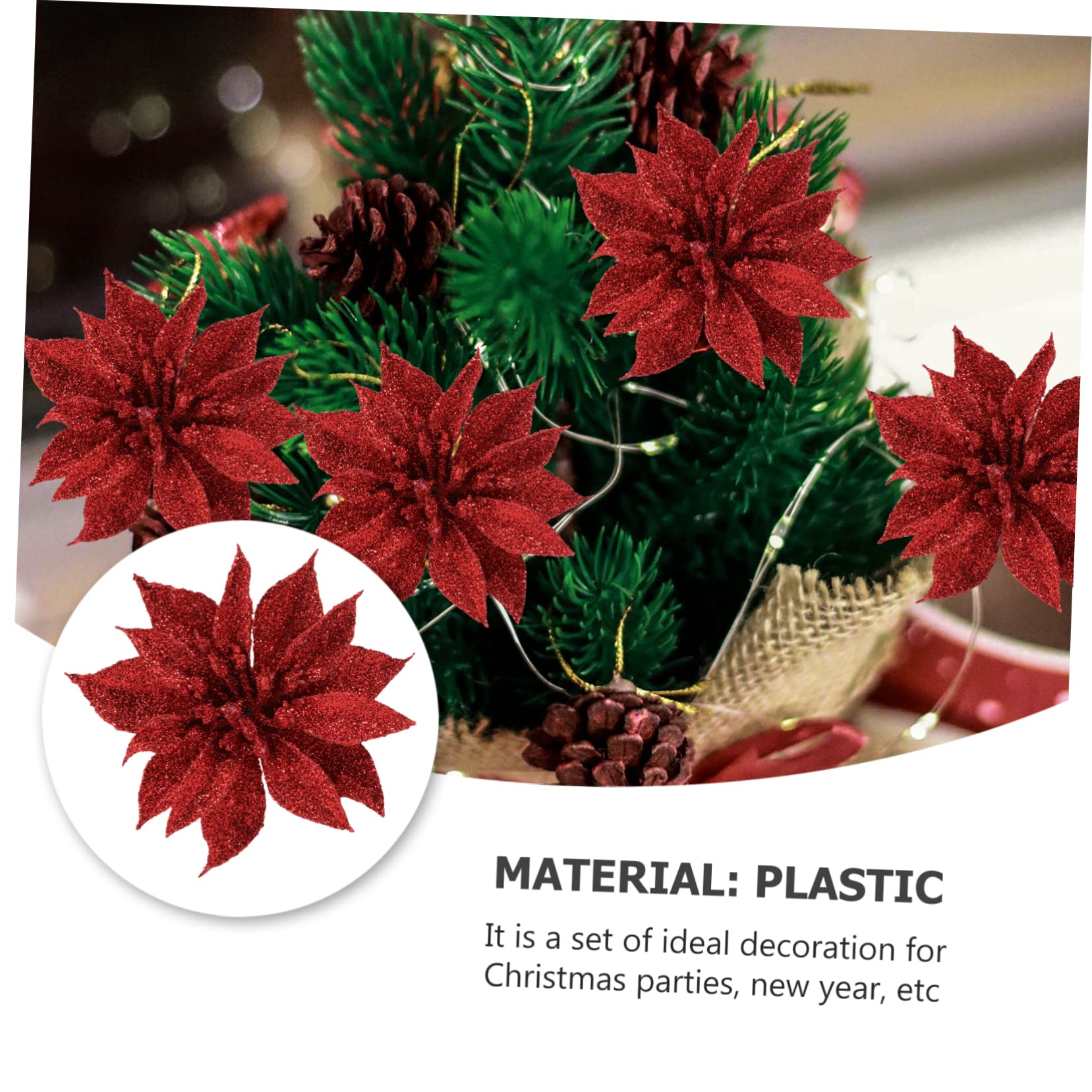 12 Piezas Adorno Colgante de Flores Artificiales para Árbol de Navidad de Poinsettias con Brillo Decoración Festiva para Hogar
