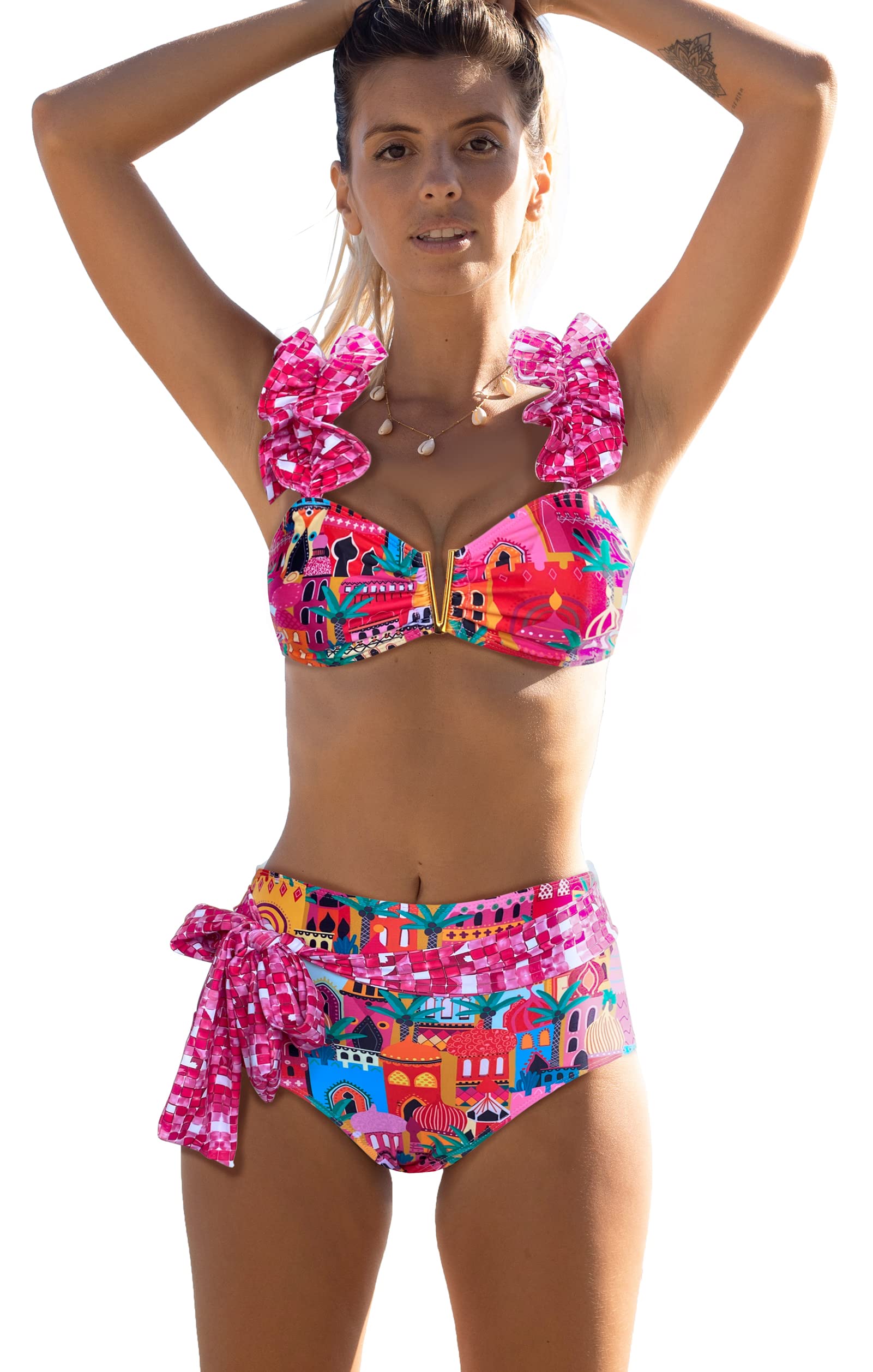 SPORLIKE Women High Waisted Swimsuit Flounce Straps Bikini Tie Back Straps Bathing Suit(Castle Print,Medium)