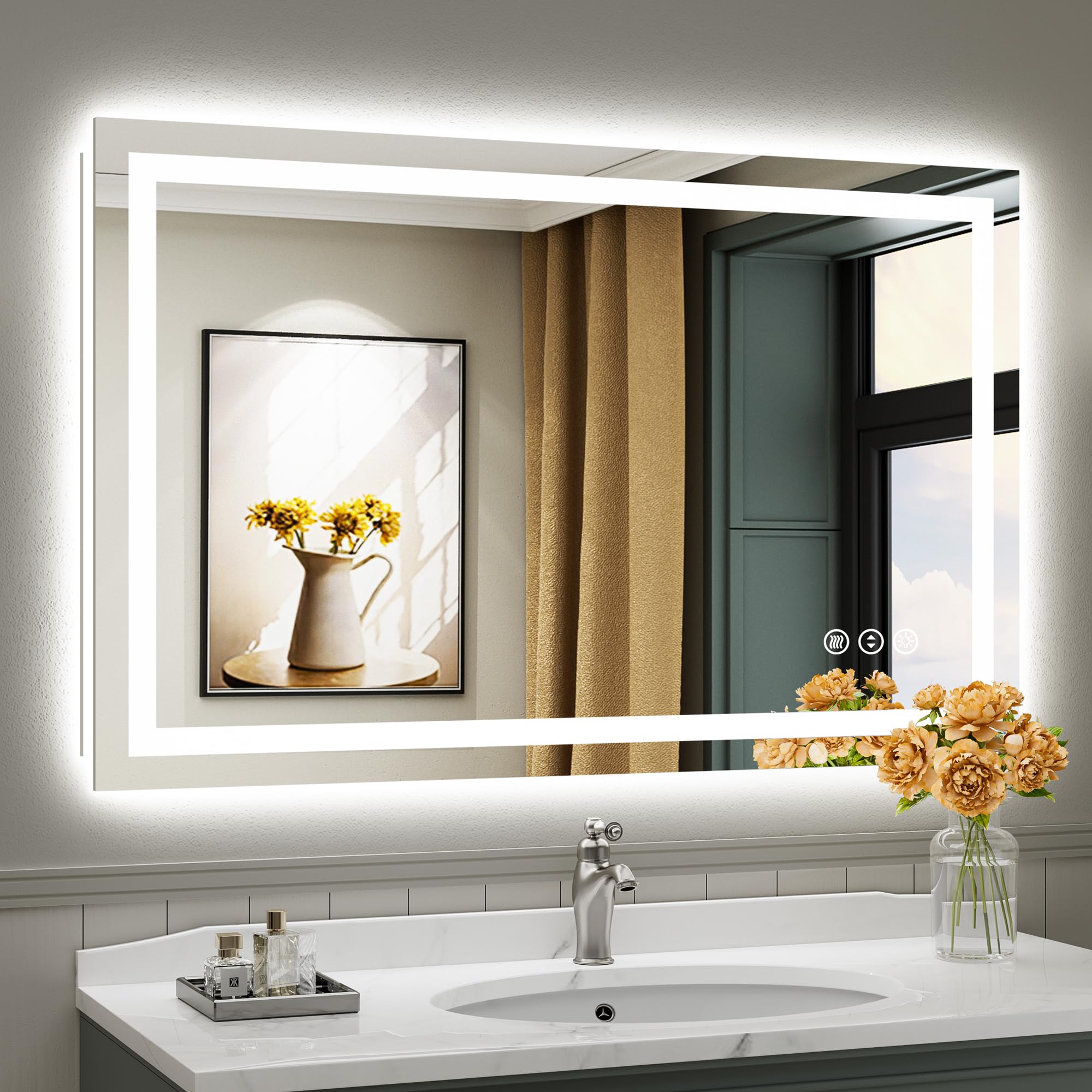 48x30 inch led bathroom mirror with lights, backlit & front lit, anti-fog lighted bathroom vanity mirror for wall, memory function, dimmable, hd tempered glass, shatter-proof