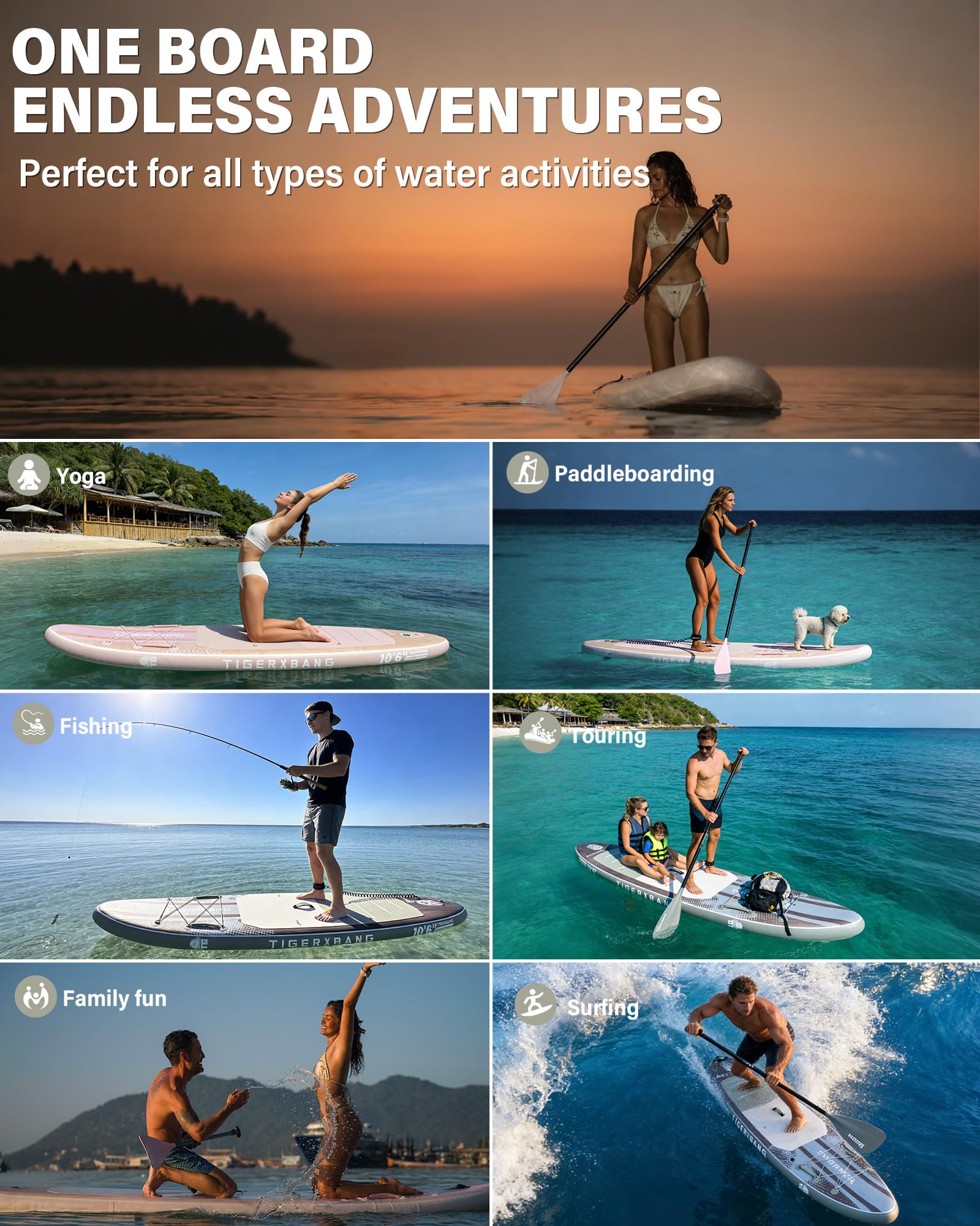 TIGERXBANG Aufblasbares Paddle Board, Stand Up Paddling Board für Erwachsene/Kinder, Komplettes ISUP-Surf-Set, Rosa/Grün