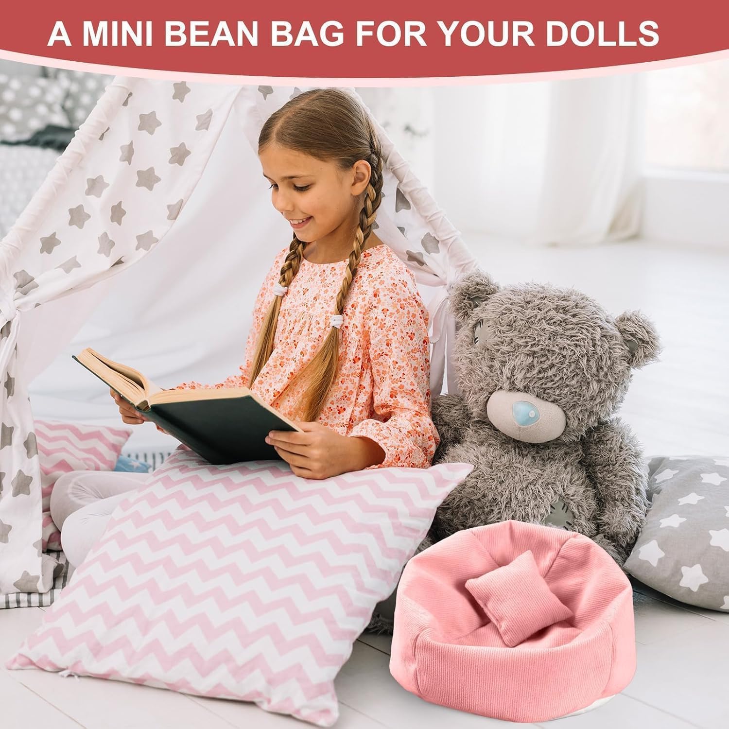 Doll Car Seat Compatible with Labubu, Handmade Bean Bag Chair for 5.9-6.7 inch Doll, Anti-Slip Bottom, Cute Doll Accessories for Display, Fans&Collectors Gifts, Durable Corduroy Fabric (Pink)